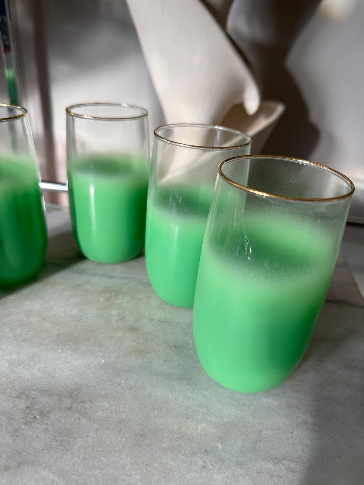 Vintage Blendo Green Frosted Tumblers: Gold Rim Barware, Set of 5