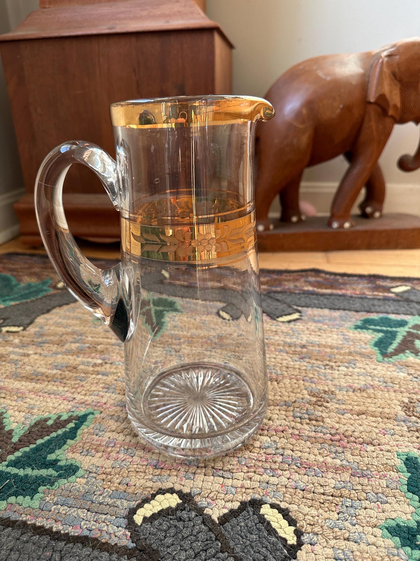 Vintage Mid-Century Etched Glass Pitcher: Gold Gilded Barware