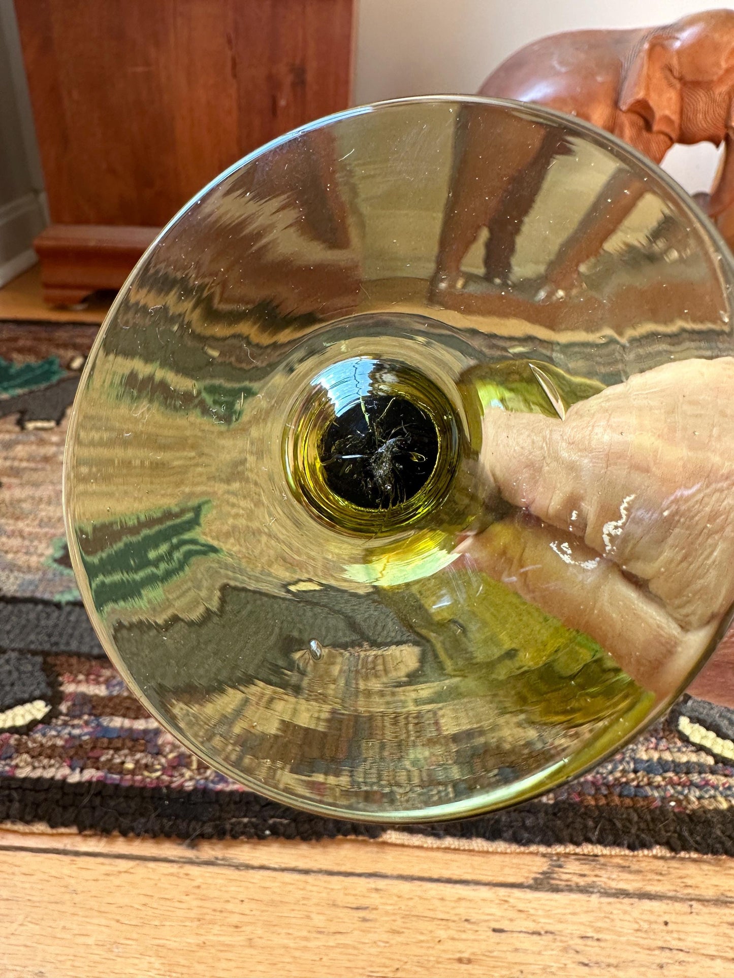 Olive Green Optic Quilted Compotes Pedestal Bowl Italian Glass MCM