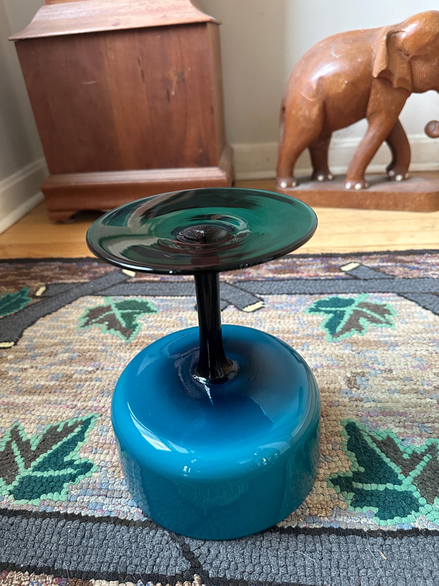 Vintage Turquoise Cased Glass Goblet Vase: MCM Pedestal Style