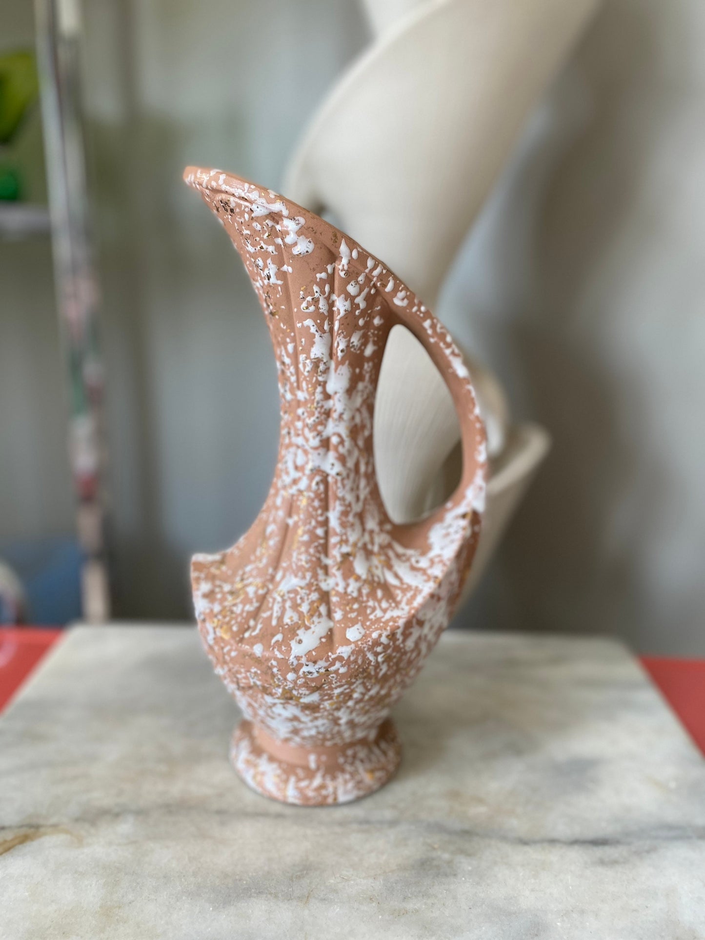 Vintage MCM Pitcher Vase: Pink Glaze, Splatter Paint, 22k Gold