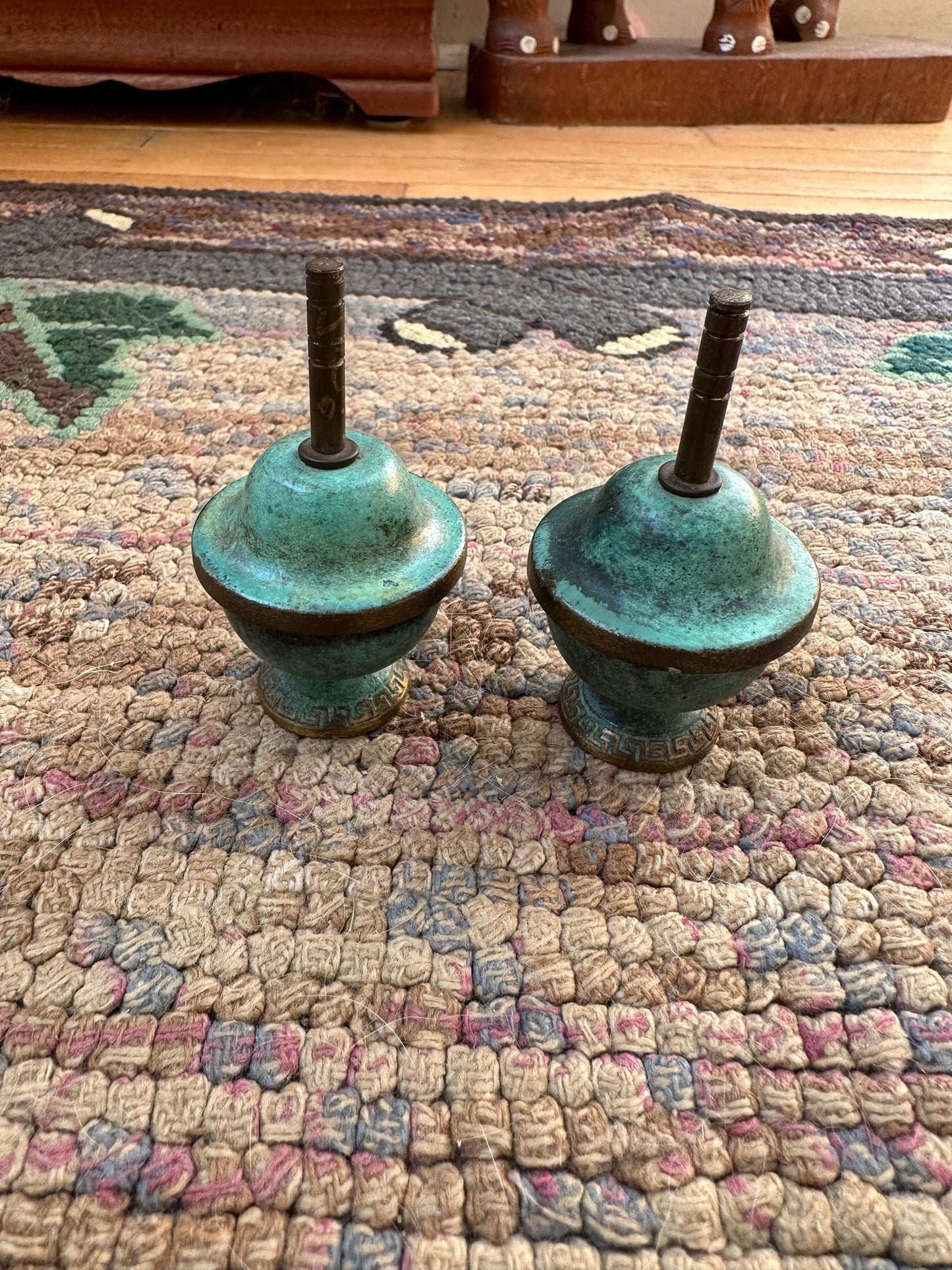 Brass and Turquoise Enameled Saccharin or Spice Bowls & Lids - Set of 2