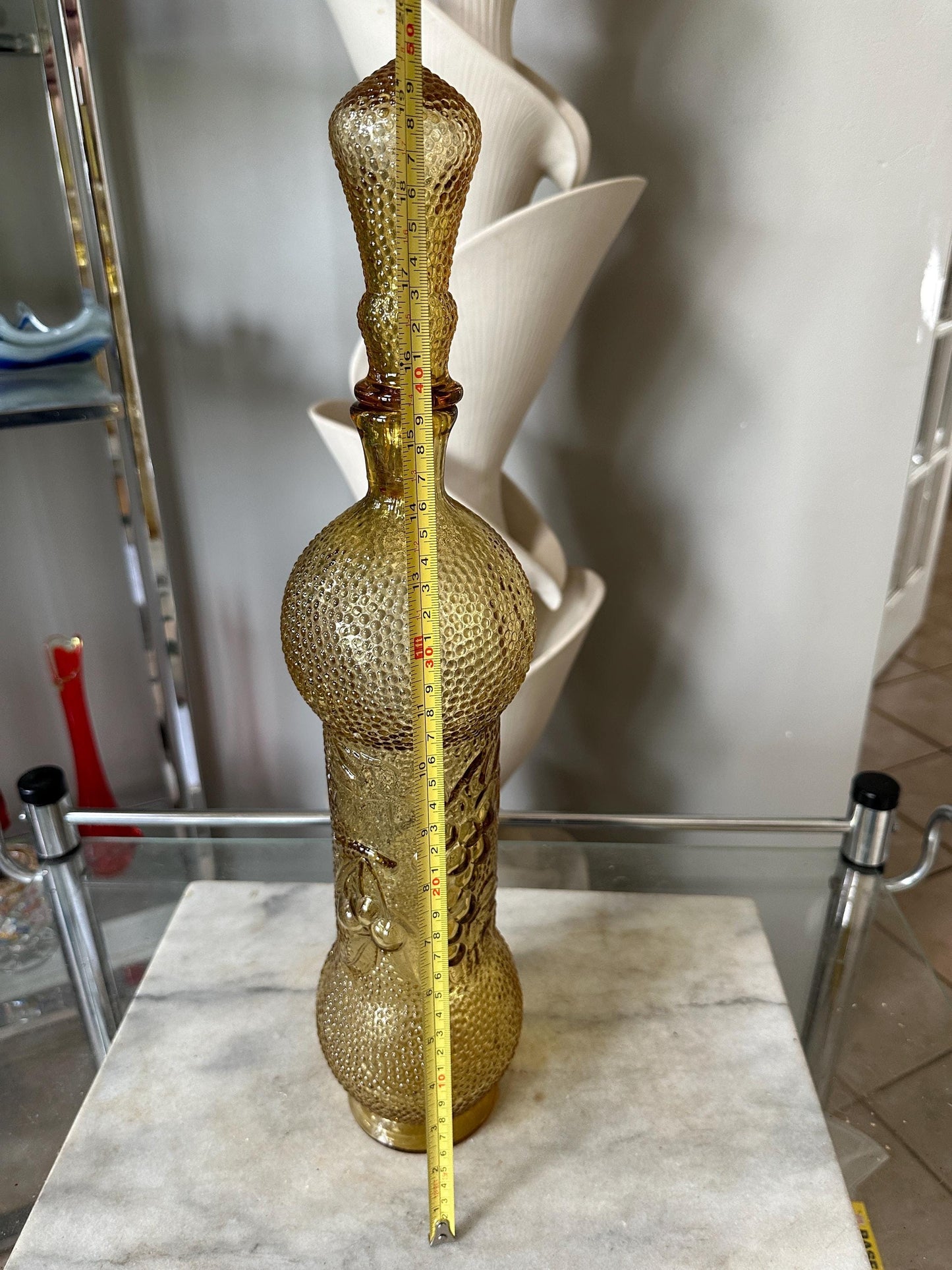 Vintage Empoli Honey Amber Decanter: Hobnail Glass with Embossed Grapes