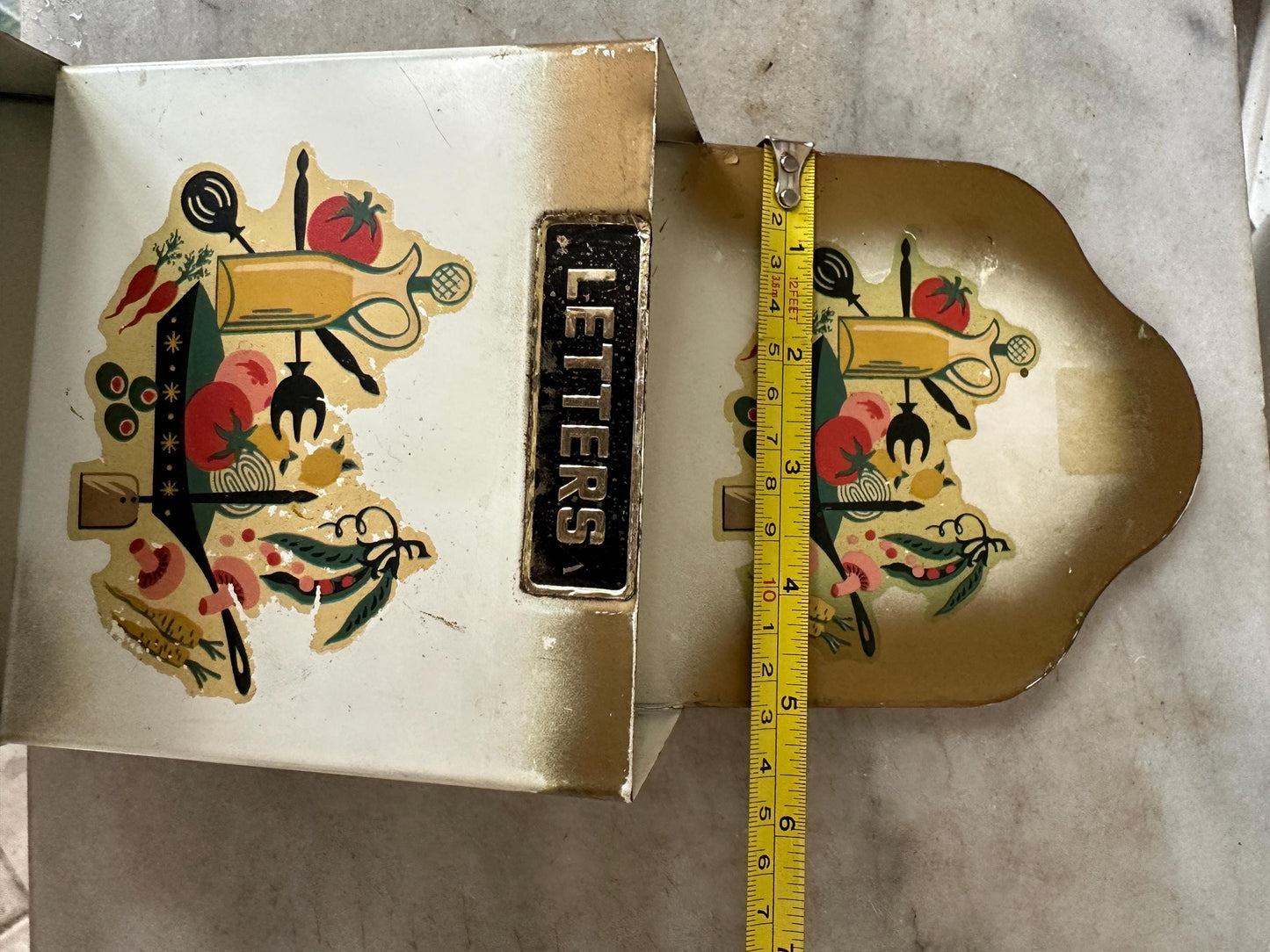 Vintage Mid Century 1950s Letter Bill Holder Wall Hanging ~ MCM Kitchenware Design | Tin Litho