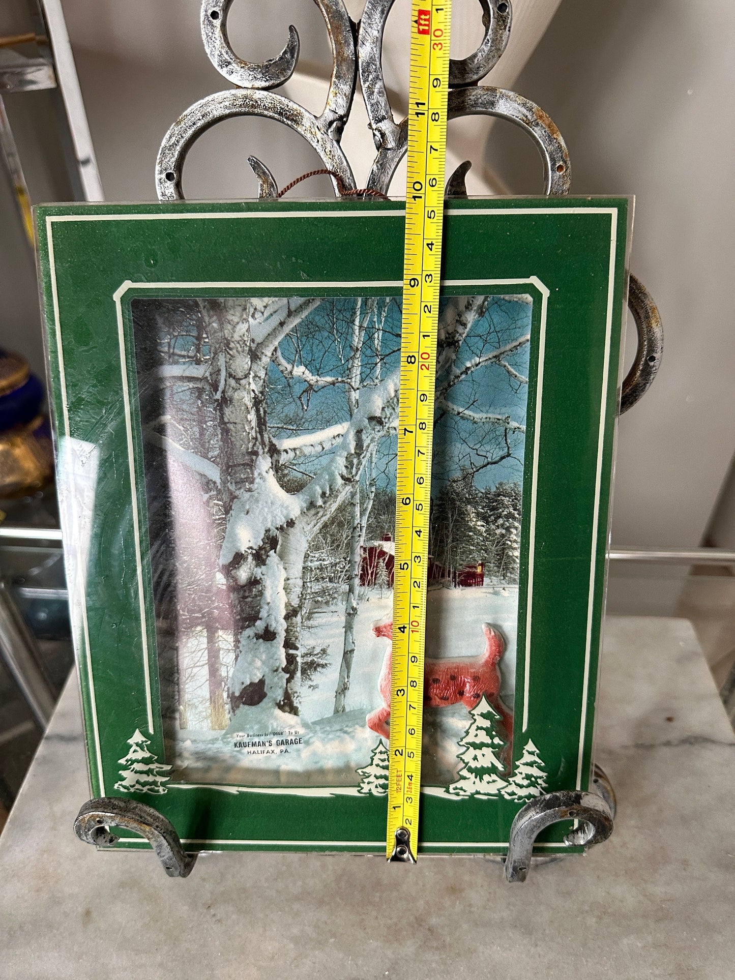 Vintage Glass Deer Winter Scene: Kauffman's Garage Advertising