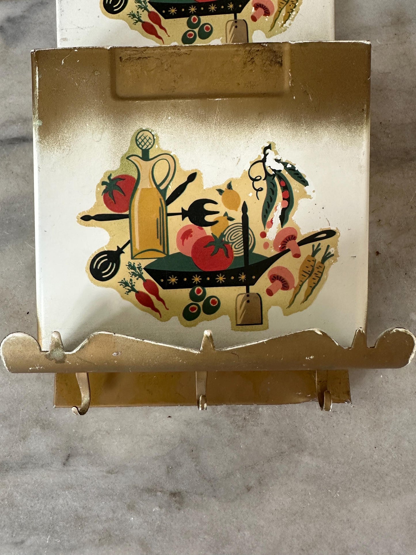 Vintage Mid Century 1950s Letter Bill Holder Wall Hanging ~ MCM Kitchenware Design | Tin Litho