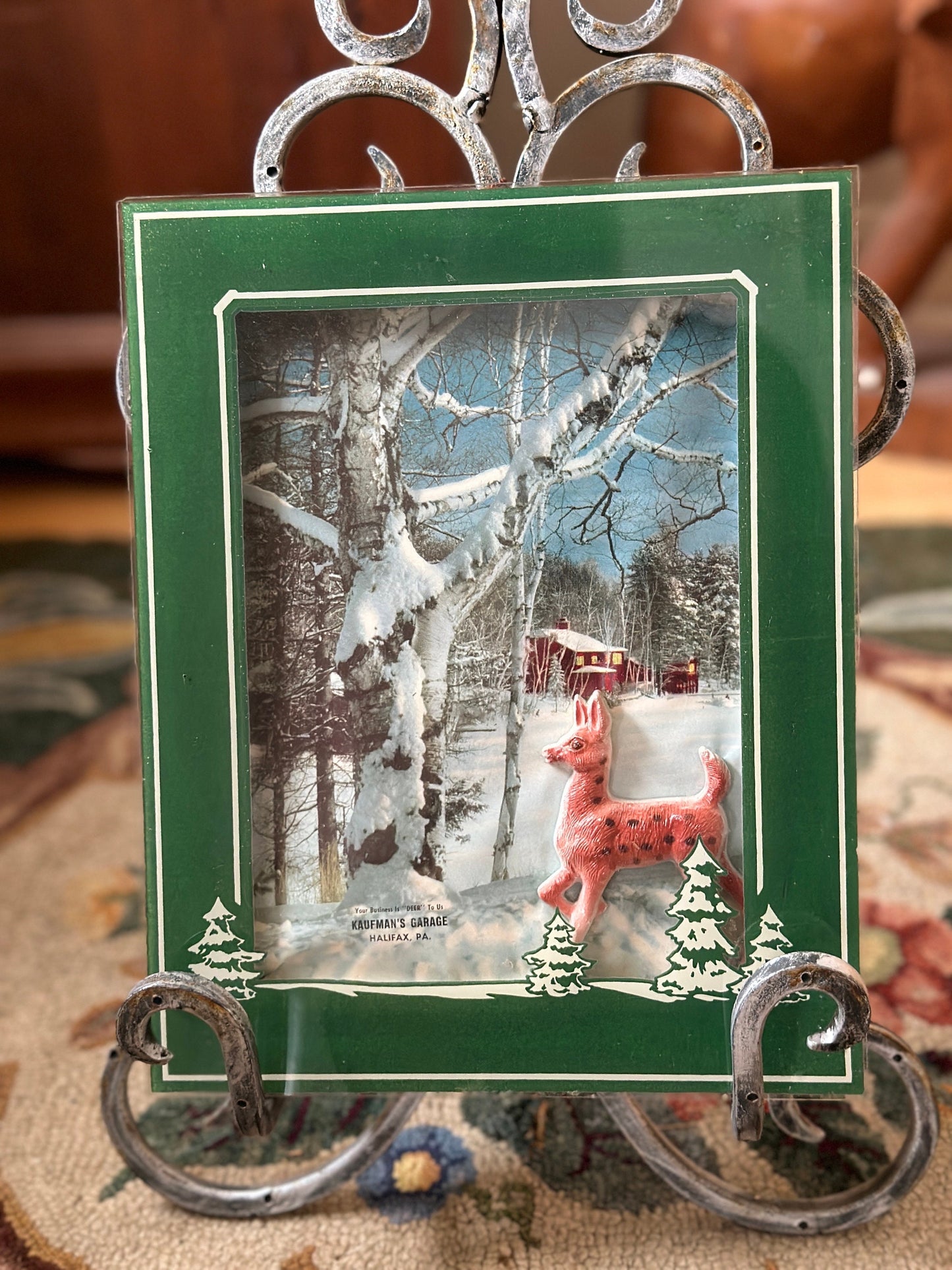 Vintage Glass Deer Winter Scene: Kauffman's Garage Advertising