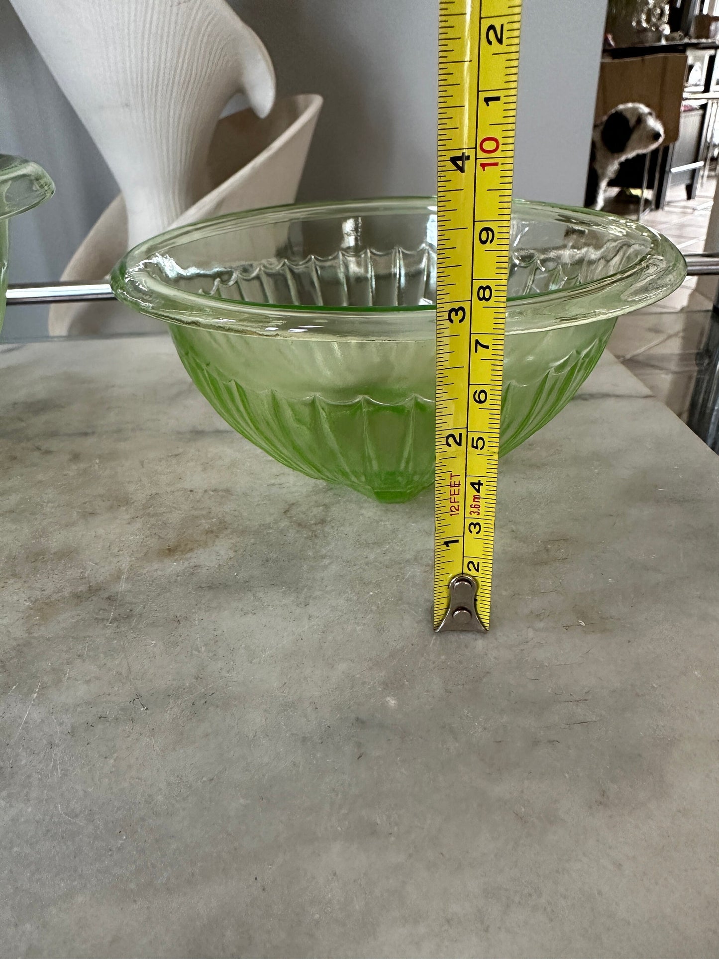 Vintage Set of 2 Green Depression Uranium Glass Mixing Bowls | Vaseline diamond crystal shaker salt bowl - green glowing Uranium Glass