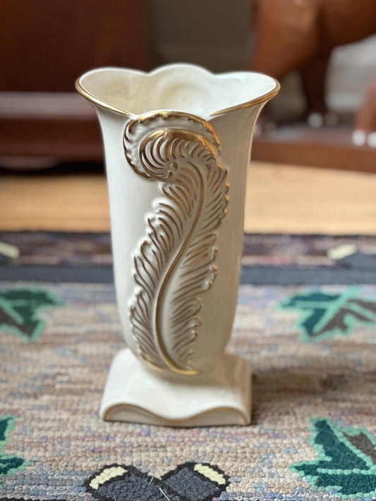 Vintage Art Deco Chadwick Pottery Vase 1940s Gold And Ivory Feather Plume 9”