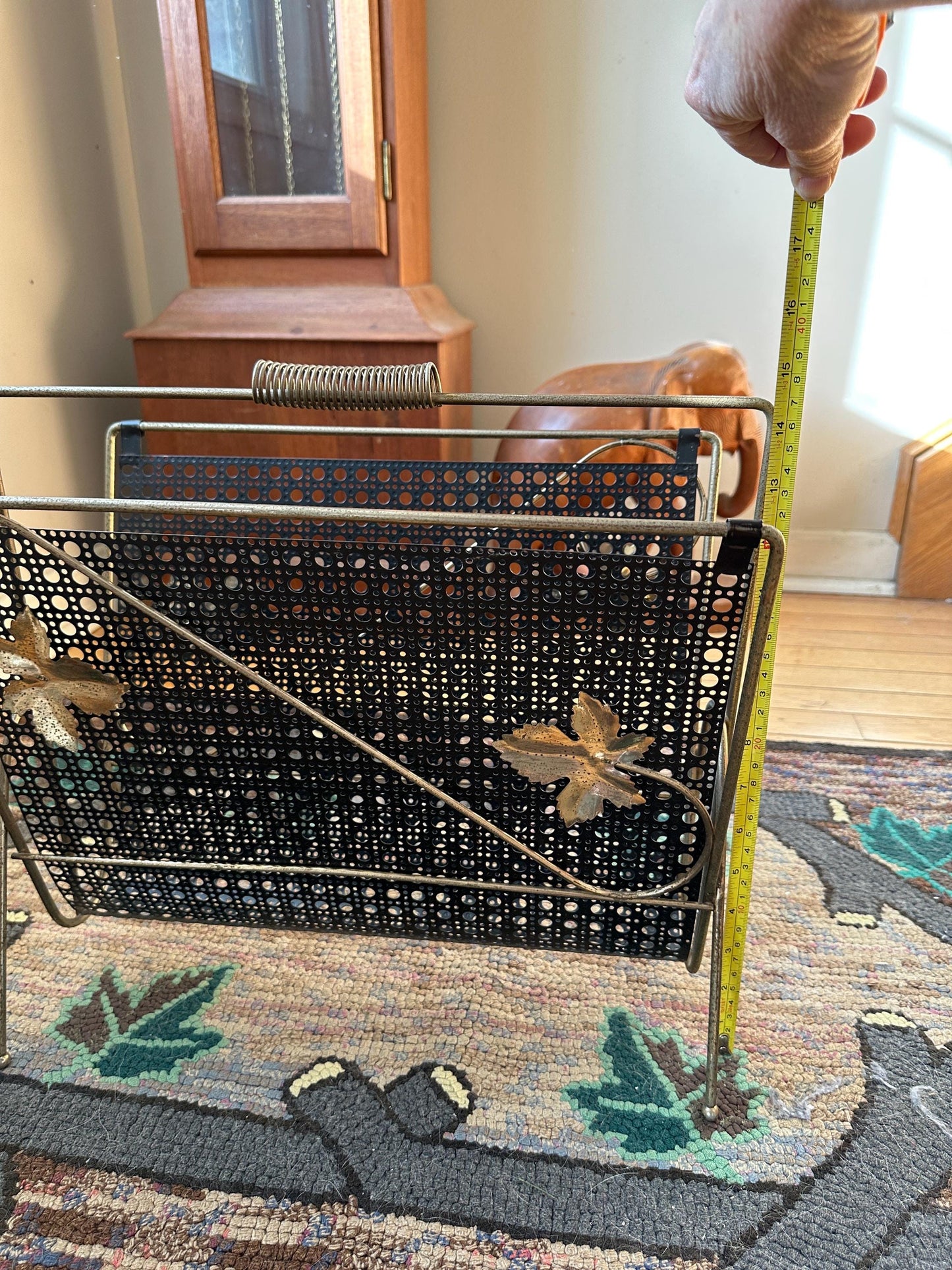 Vintage 1960s Black Mesh & Gold Leaf Handled Magazine Rack