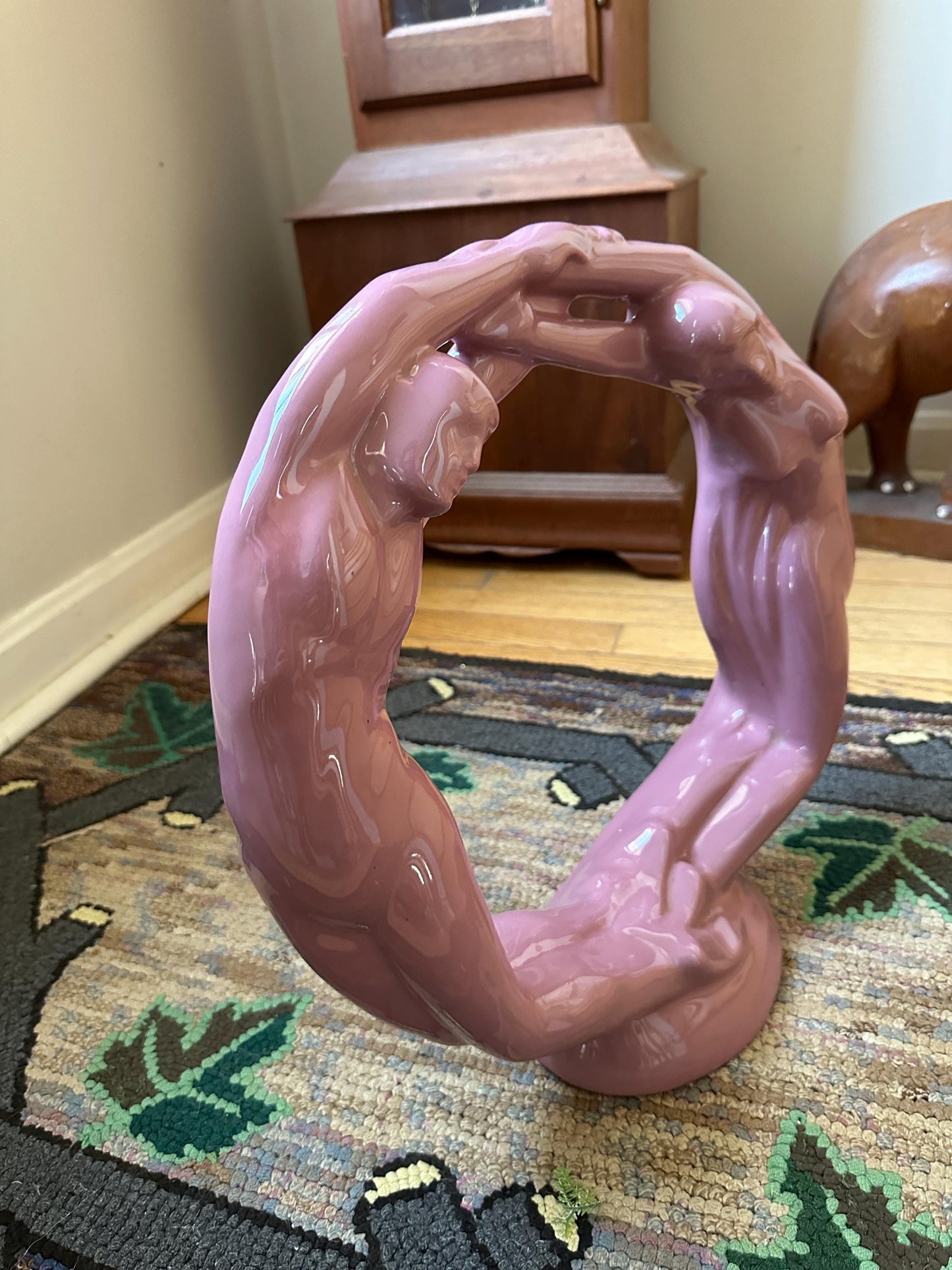 Vintage Haeger Pottery Circle of Love Sculpture: Mauve Pink Art Deco Ceramic