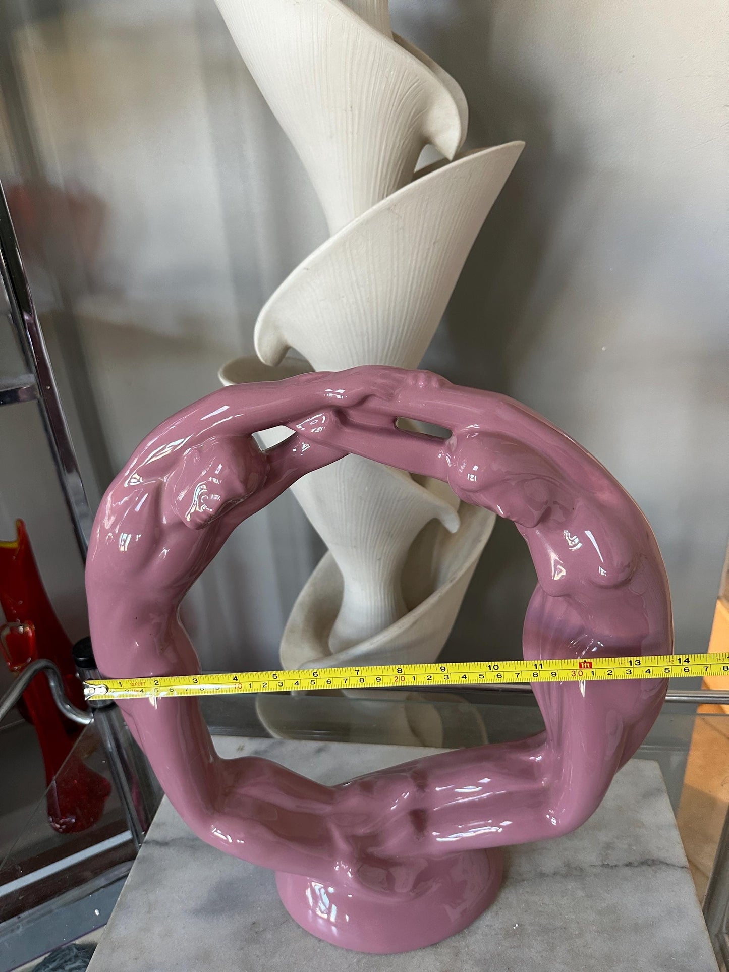 Vintage Haeger Pottery Circle of Love Sculpture: Mauve Pink Art Deco Ceramic