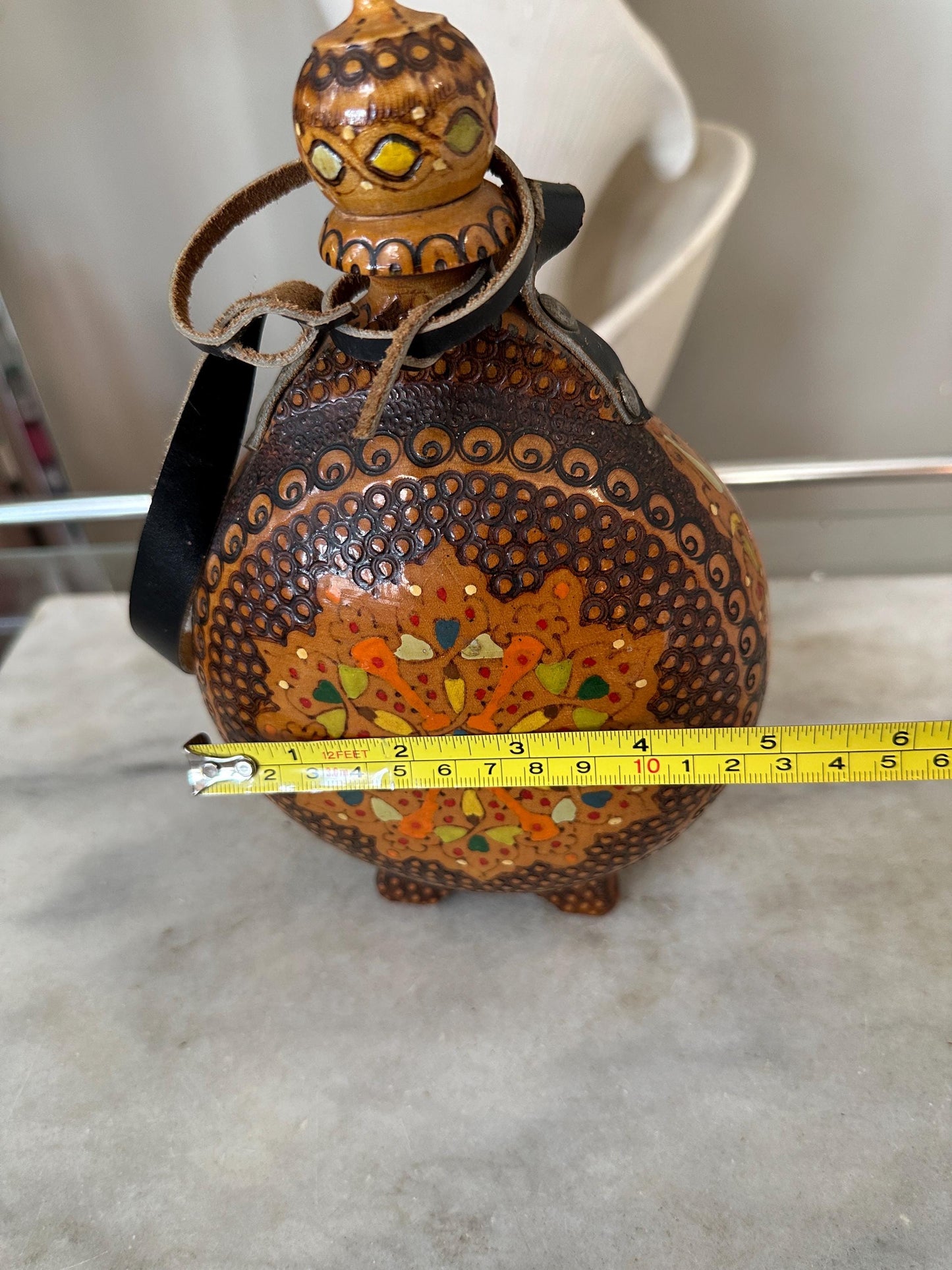 Vintage Handmade Pyrography Wood Flask: Italian Folk Art Decanter