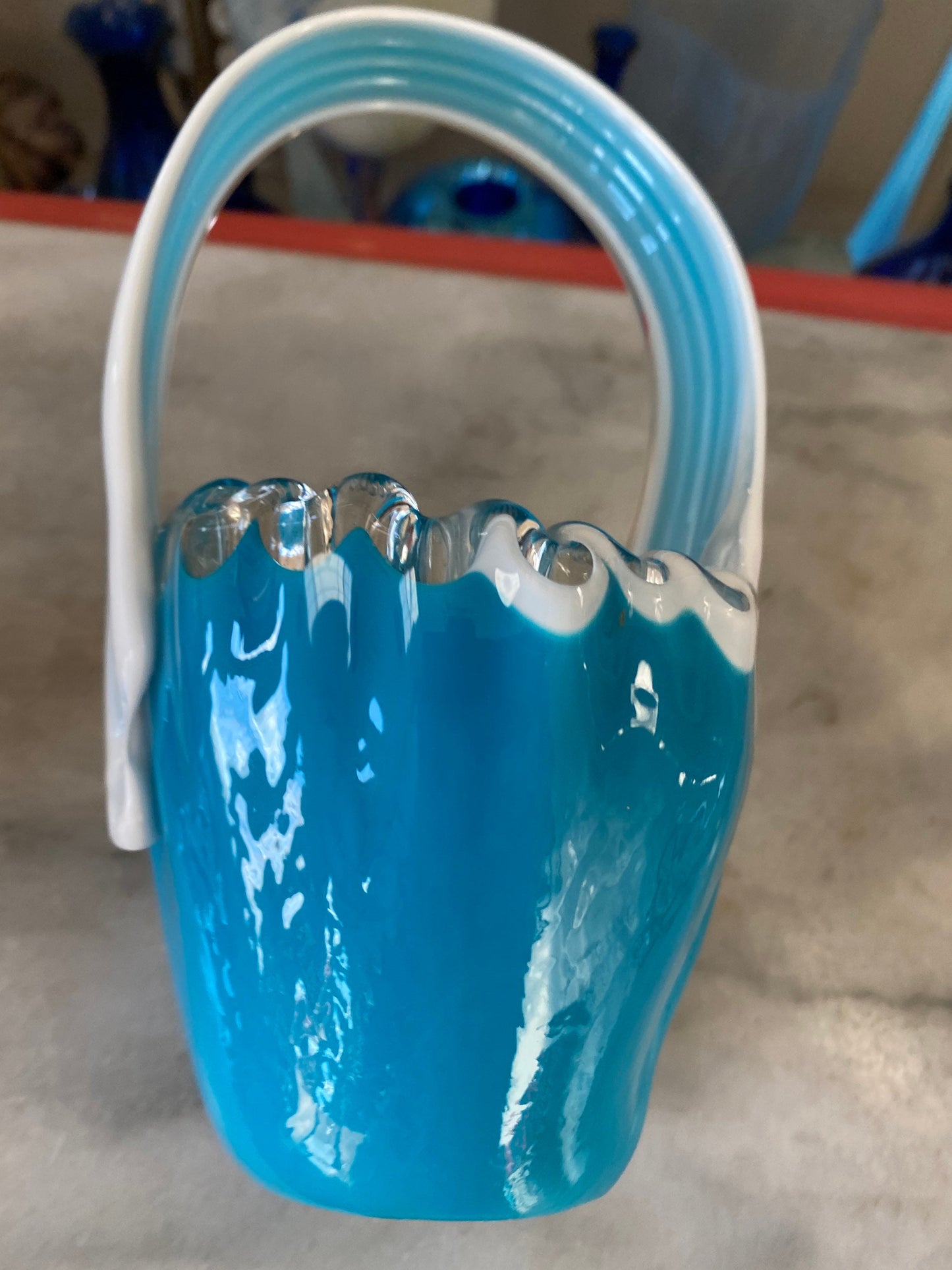 Vintage Art Glass Basket: Blue & White MCM Stretch Vase