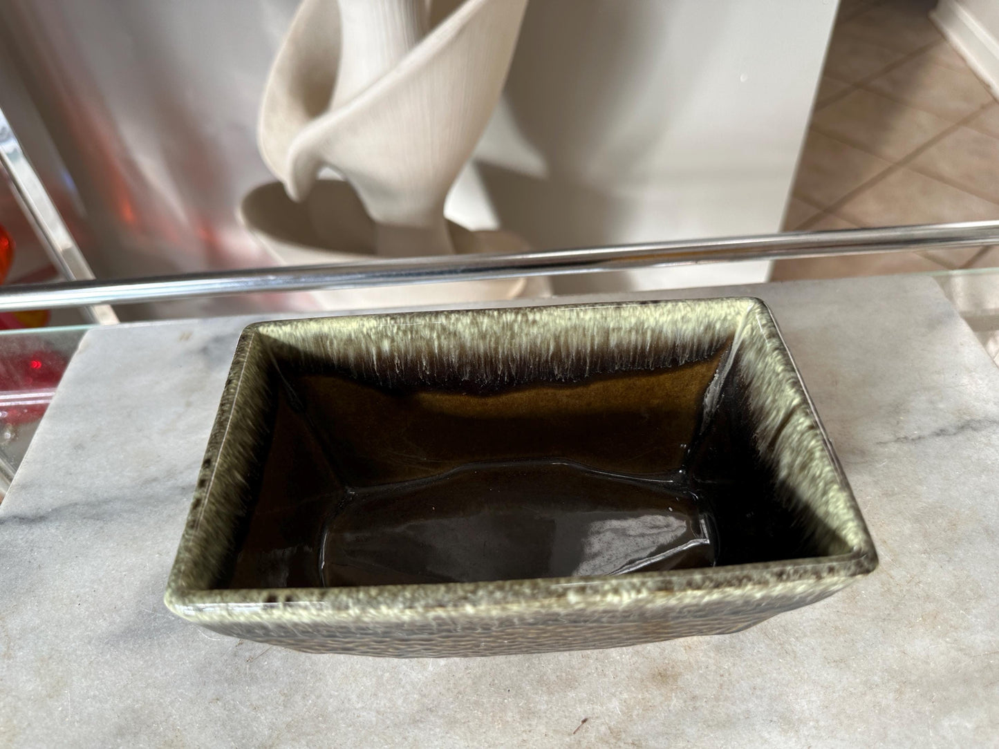 Vintage Brush Olive Brown White Drip Planter 75 | USA Pottery | Succulent Planter