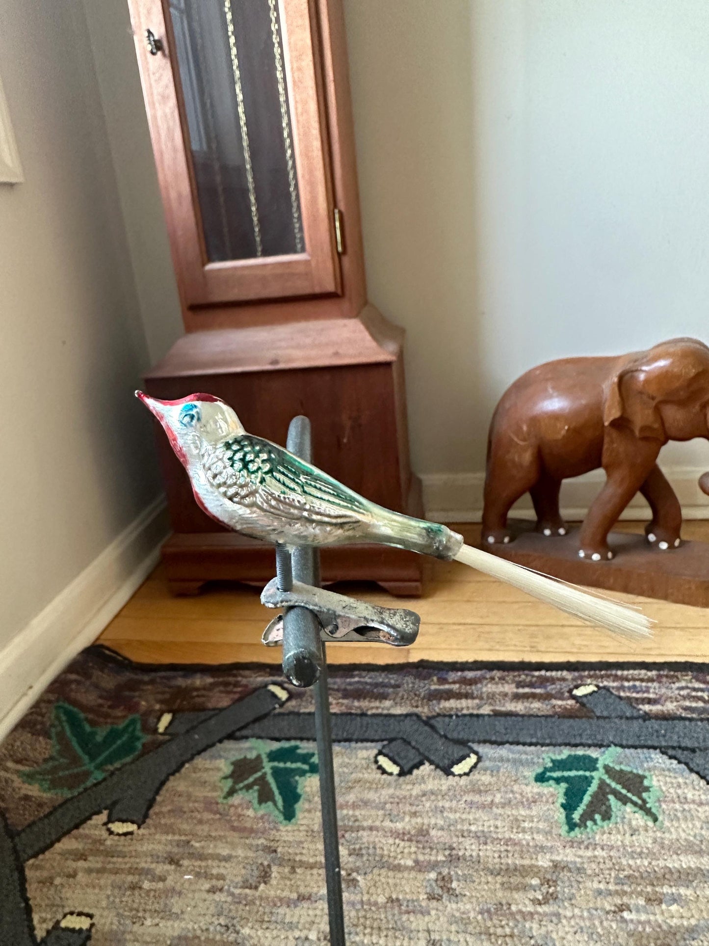 Vintage Mercury Glass Bird Ornament: Silver, Magenta, and Green, made in 1950s