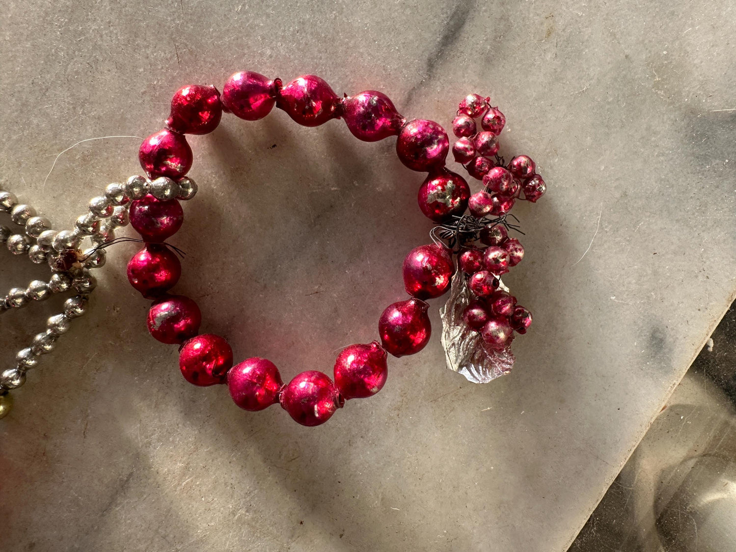 Vintage Mercury Glass Ornament, Red Silver Christmas Swag, 1950s Display