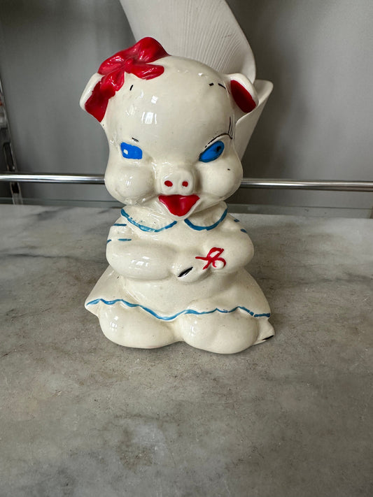 Vintage American Bisque Hand Painted Anthropomorphic Girl Pig Figurine