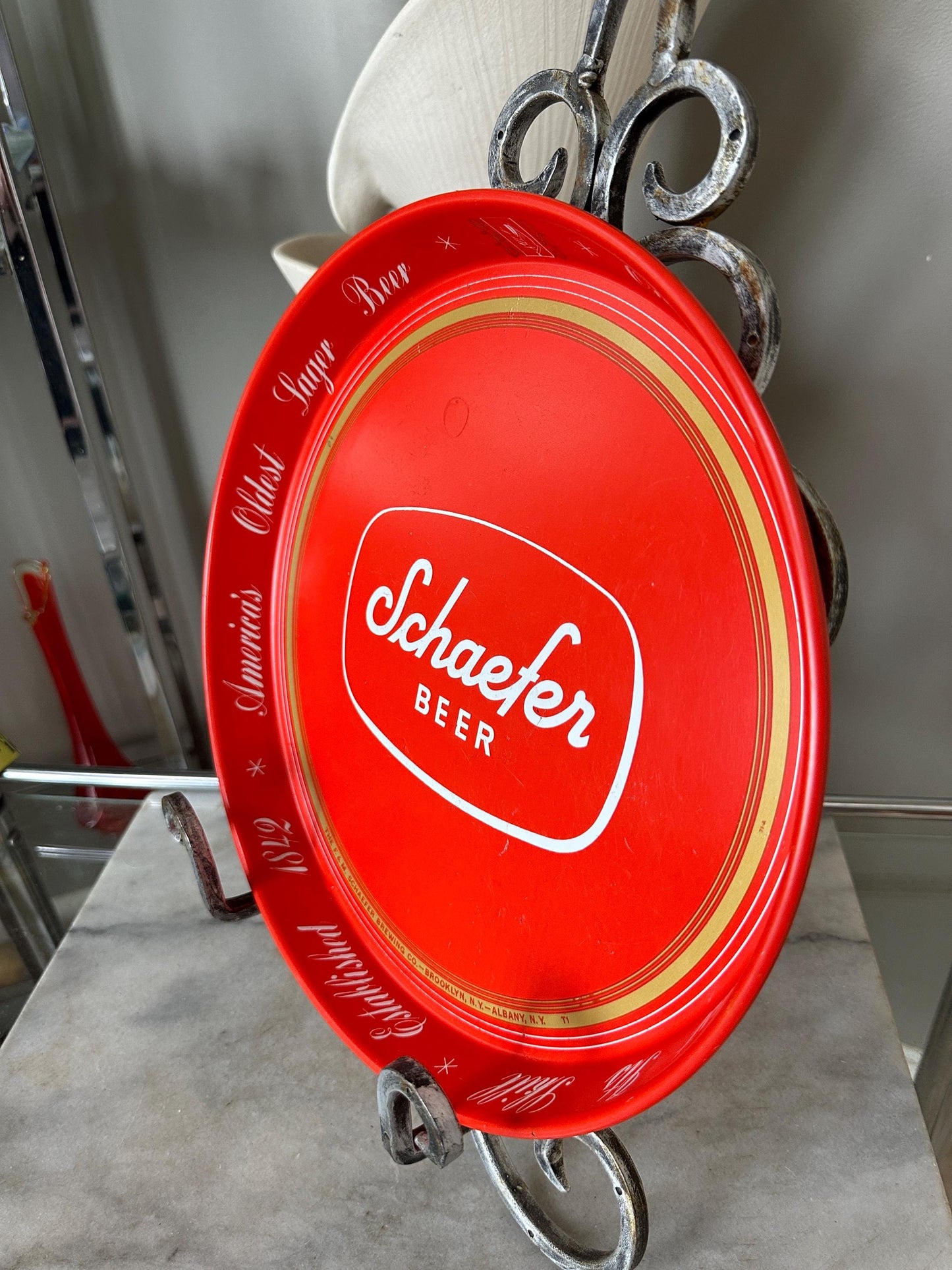 Vintage Schaefer Beer Ref Metal Bar Tray | Beer Lover Gift Home Bar Accessories Authentic Schaefer Memorabilia Round Serving Tray