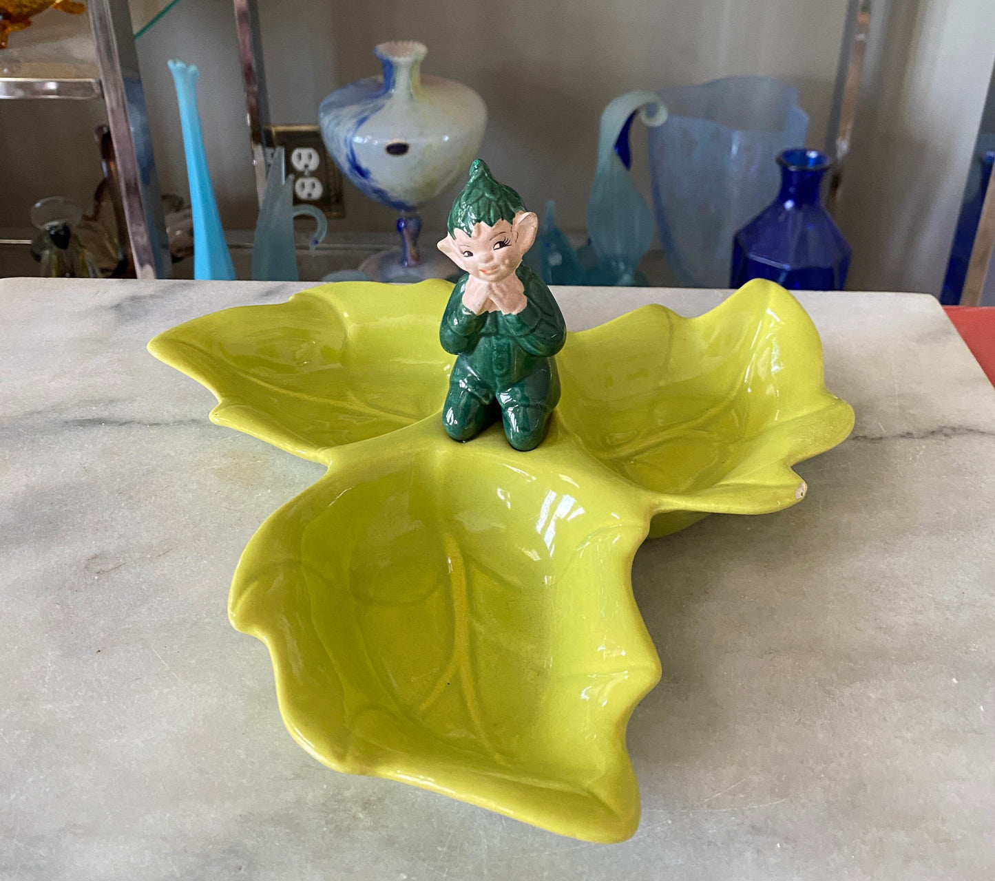 Vintage Gilner Pixie Elf Pottery Leaf Candy Dish - 1940s Kitsch Tray