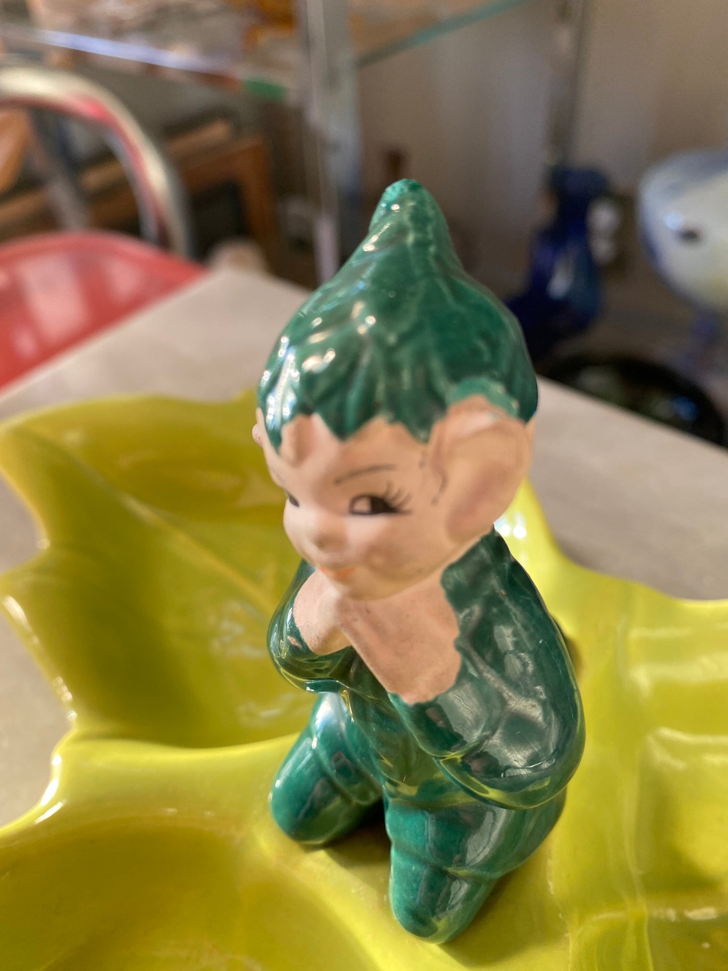 Vintage Gilner Pixie Elf Pottery Leaf Candy Dish - 1940s Kitsch Tray