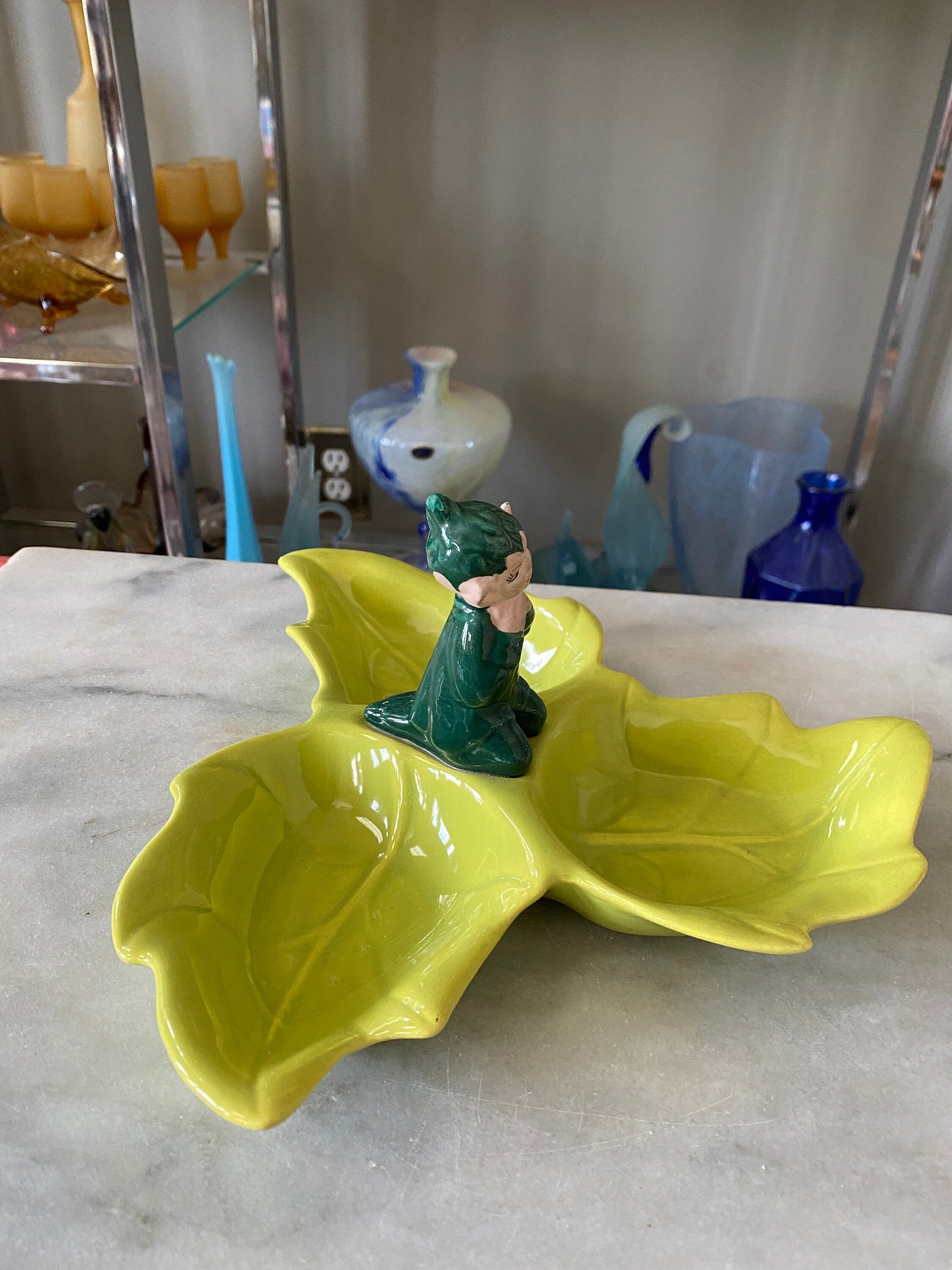 Vintage Gilner Pixie Elf Pottery Leaf Candy Dish - 1940s Kitsch Tray