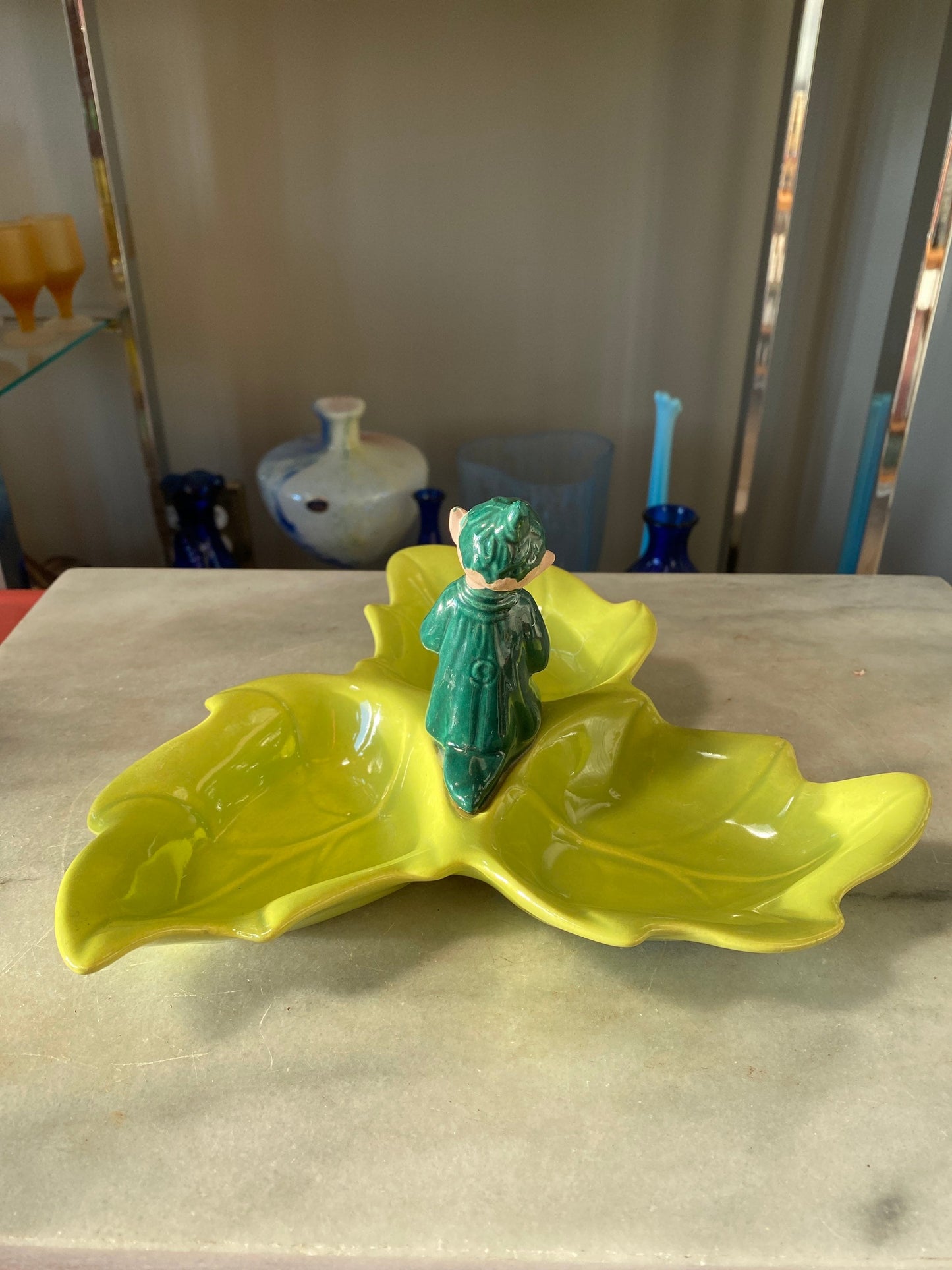 Vintage Gilner Pixie Elf Pottery Leaf Candy Dish - 1940s Kitsch Tray
