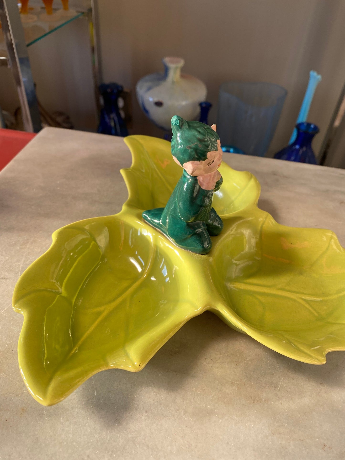 Vintage Gilner Pixie Elf Pottery Leaf Candy Dish - 1940s Kitsch Tray