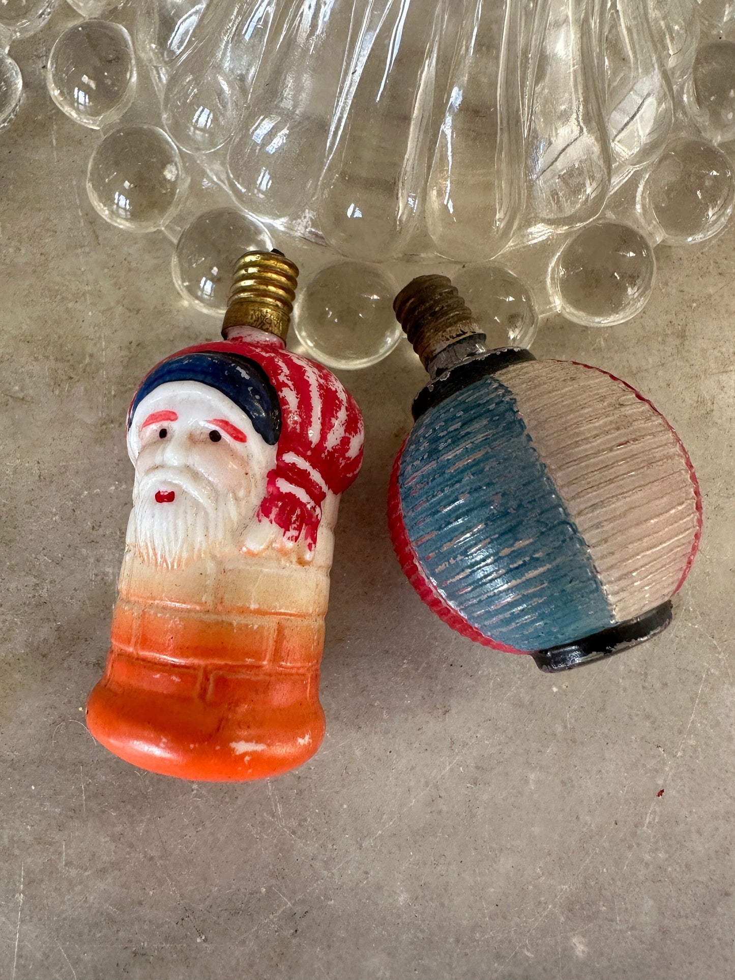 1930s Milk Glass Christmas Light Bulbs, 2 bulbs, Santa & Striped Ornament