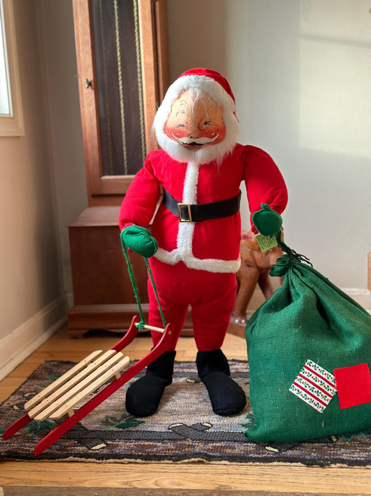 Vintage 29" Annalee Santa Claus Doll: Toy Sled & Burlap Sack - 1966 Retro Christmas Decor