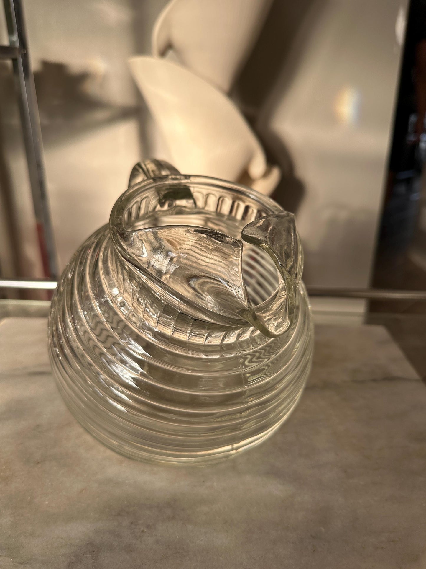 Vintage Ribbed Ball Pitcher: Anchor Hocking Style, 56 oz Ice Lip