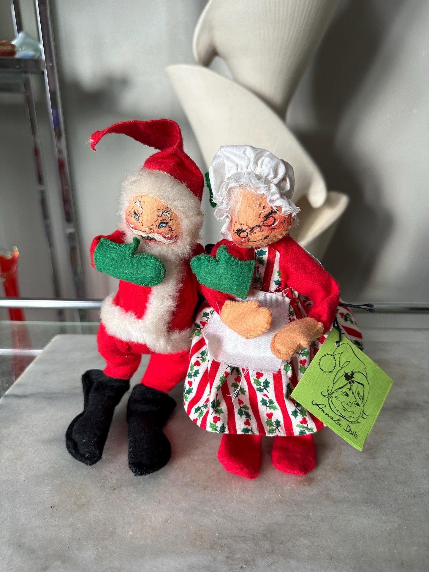 Vintage 1963/80 Annalee Mobilitee Santa And Mrs Claus, With Sack Bendable Christmas