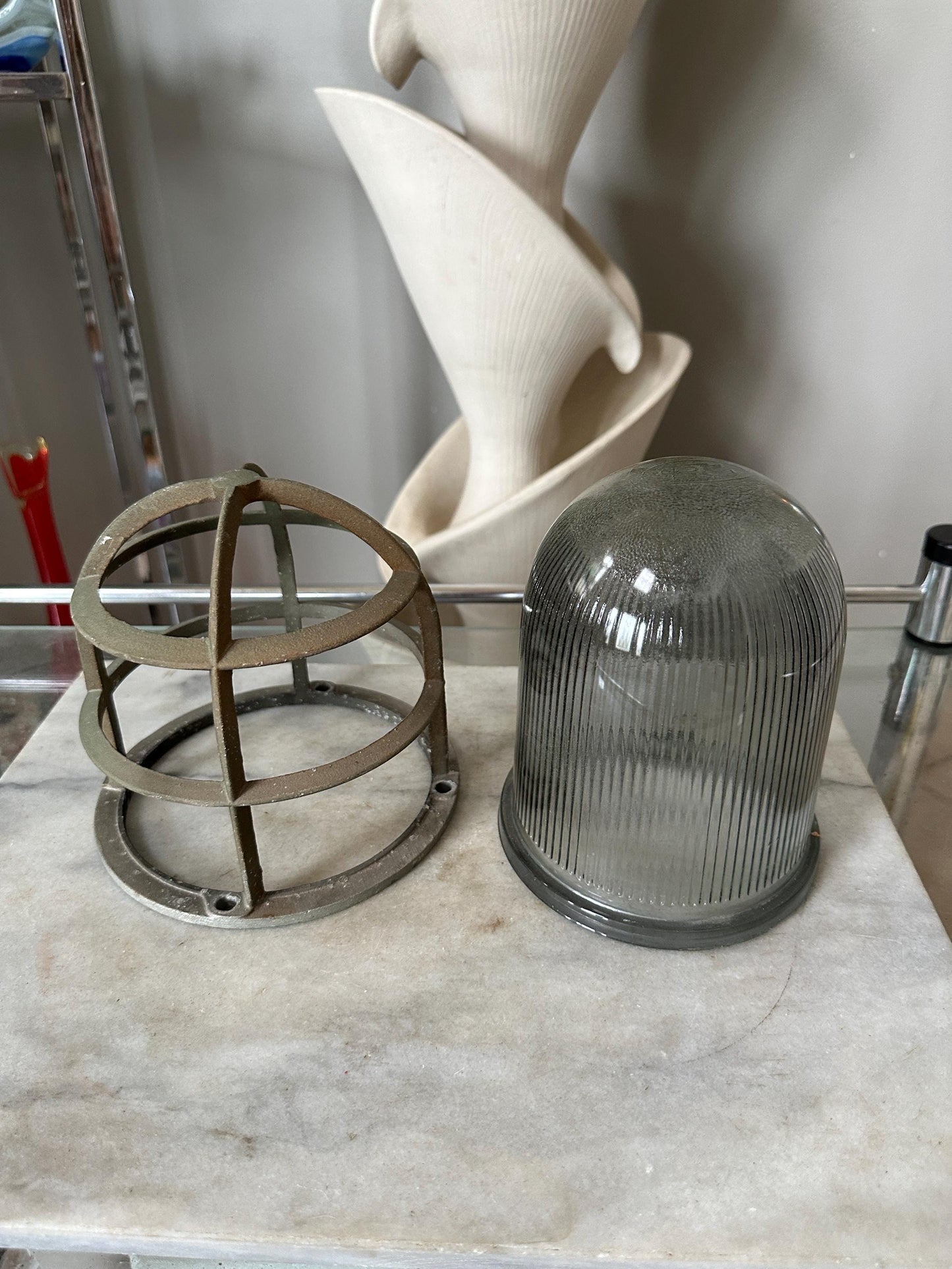 Vintage Explosion Proof Industrial Cage Light Frame with Rab Glass Shade PLEASE READ DESCRIPTION