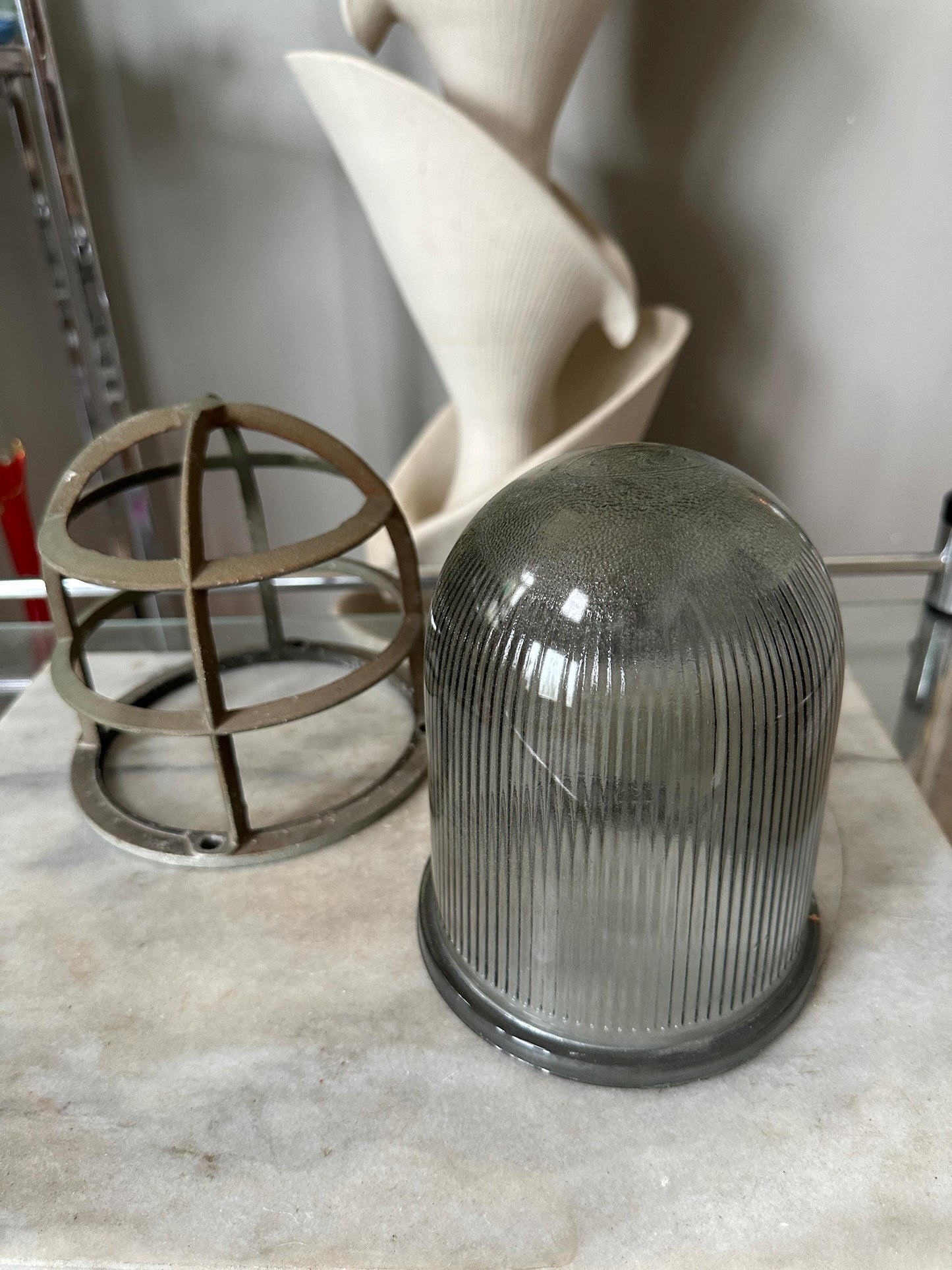 Vintage Explosion Proof Industrial Cage Light Frame with Rab Glass Shade PLEASE READ DESCRIPTION
