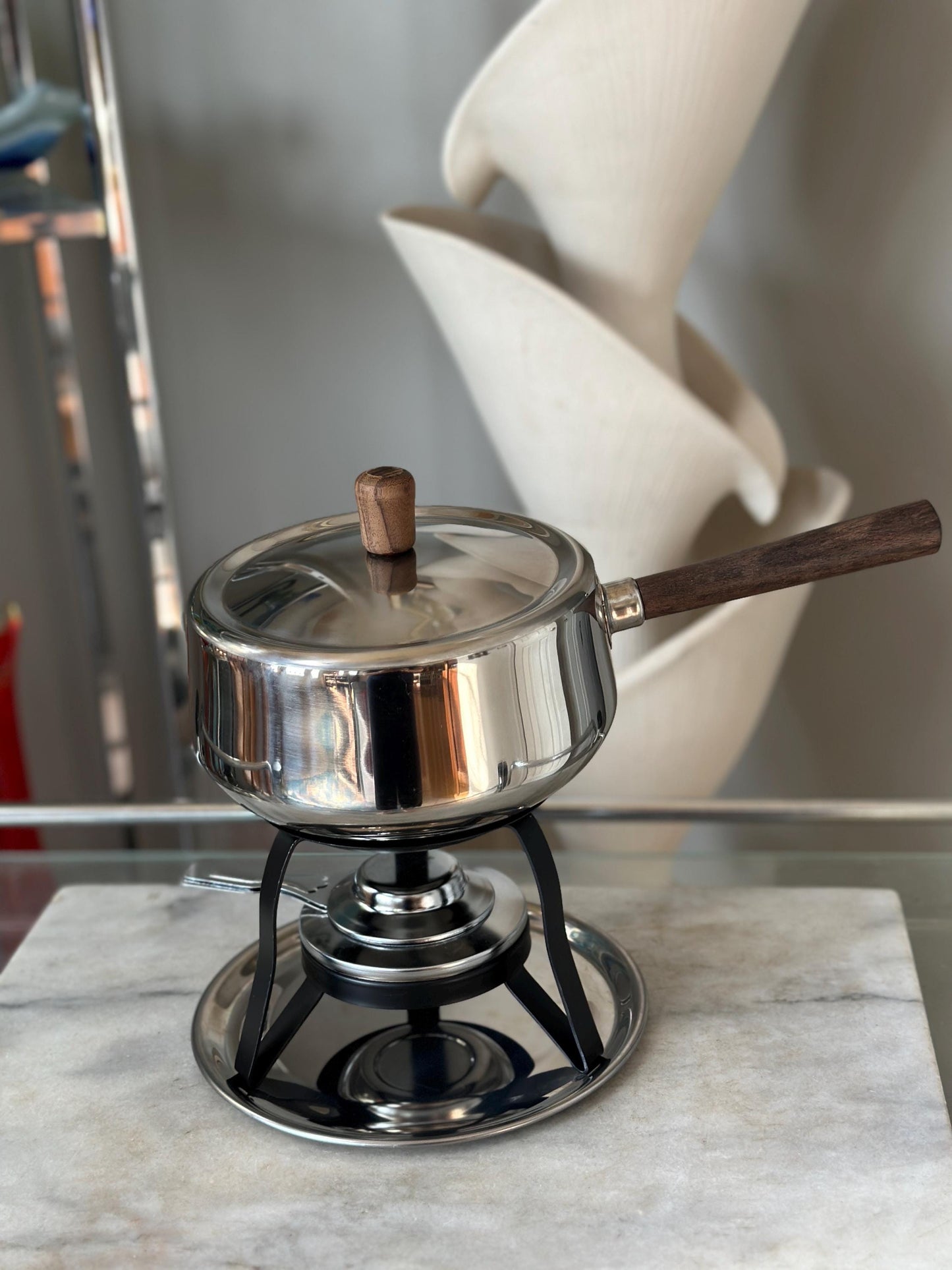 Vintage Chrome Stainless Steel Fondue Set: Otagiri Forks, Propane Burner