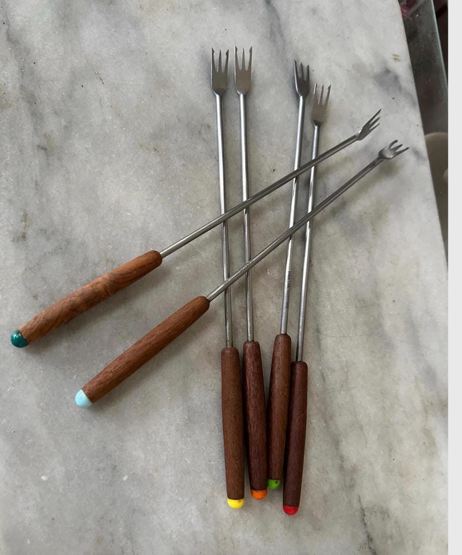 Vintage Chrome Stainless Steel Fondue Set: Otagiri Forks, Propane Burner