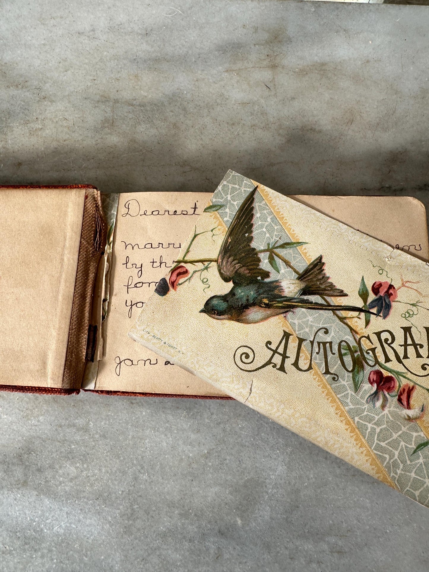 Antique Red Velvet Autograph Book: Victorian Metal Plate, Handwritten Messages