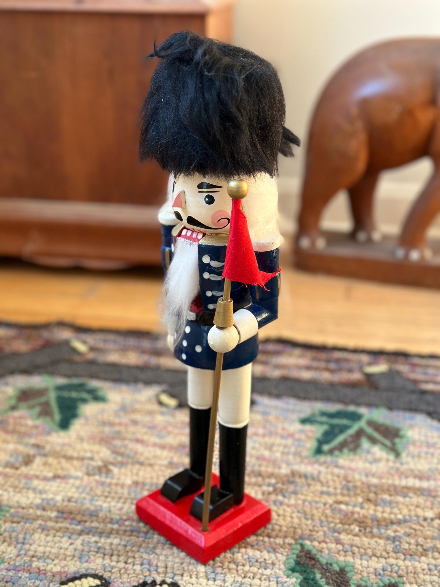 Nutcracker 14” Miner Christmas Blue Black Hat Flag Wooden Hand Painted, Nice