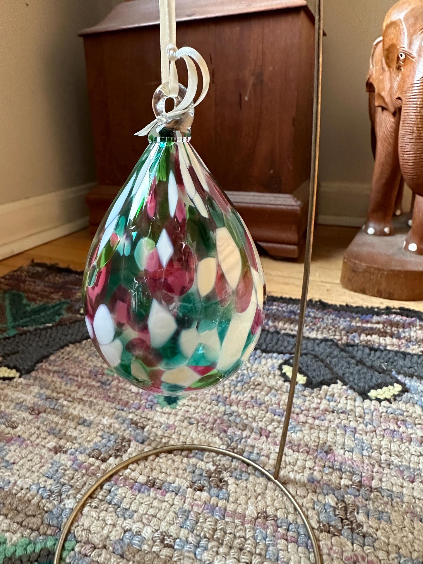 Vintage Hinkles Art Glass Ornament: Hand-Blown Confetti Teardrop, 4"