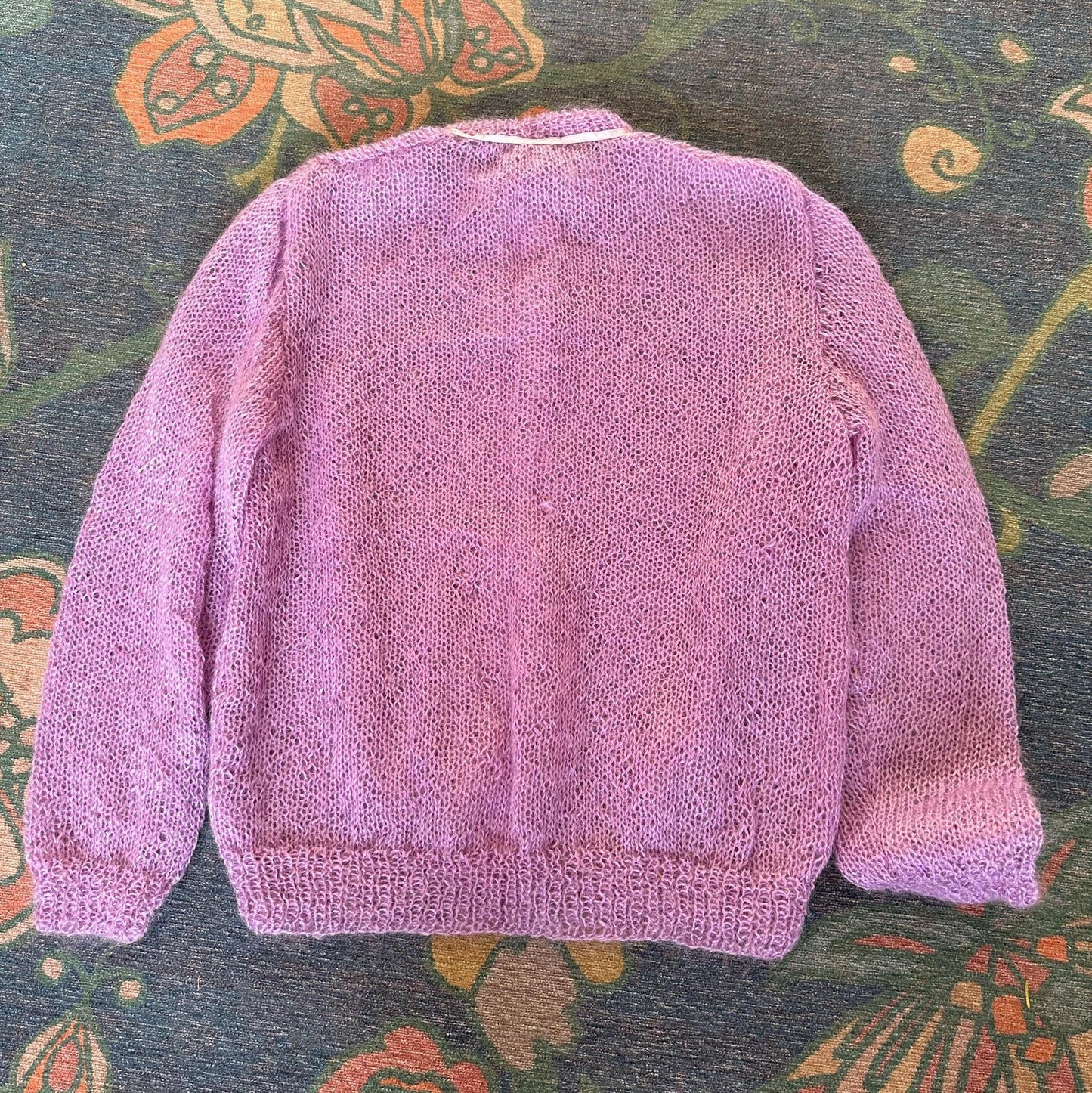 Vintage Lilac Mohair Cardigan: Ribbon Accents, Pink Buttons - 80s Style