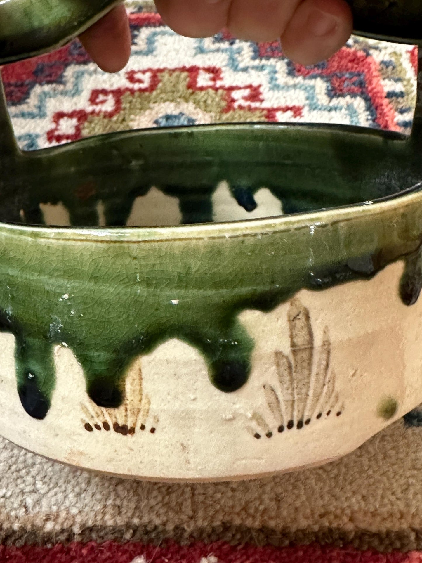 Vintage Hand-Painted Japanese Ceramic Planter: Green & White Glaze