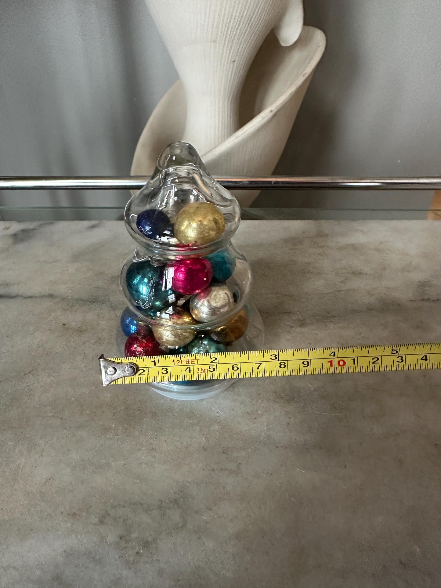 Small Glass Christmas Tree Jar w Mini Mercury Glass Ornaments Christmas Decor, Candy Dish, candy jar, Anchor Hocking, Mantel decor