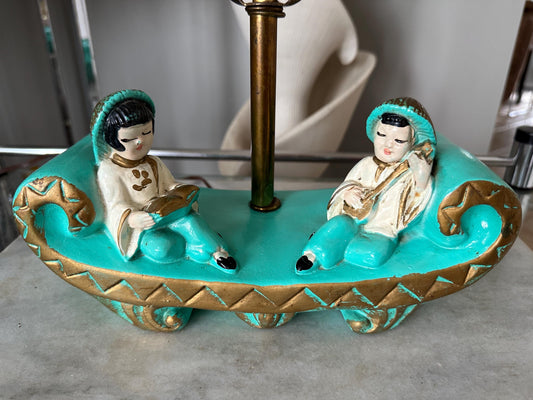 RARE MCM Chalkware Table Lamp – Turquoise Asian Figurines, Vintage Lighting