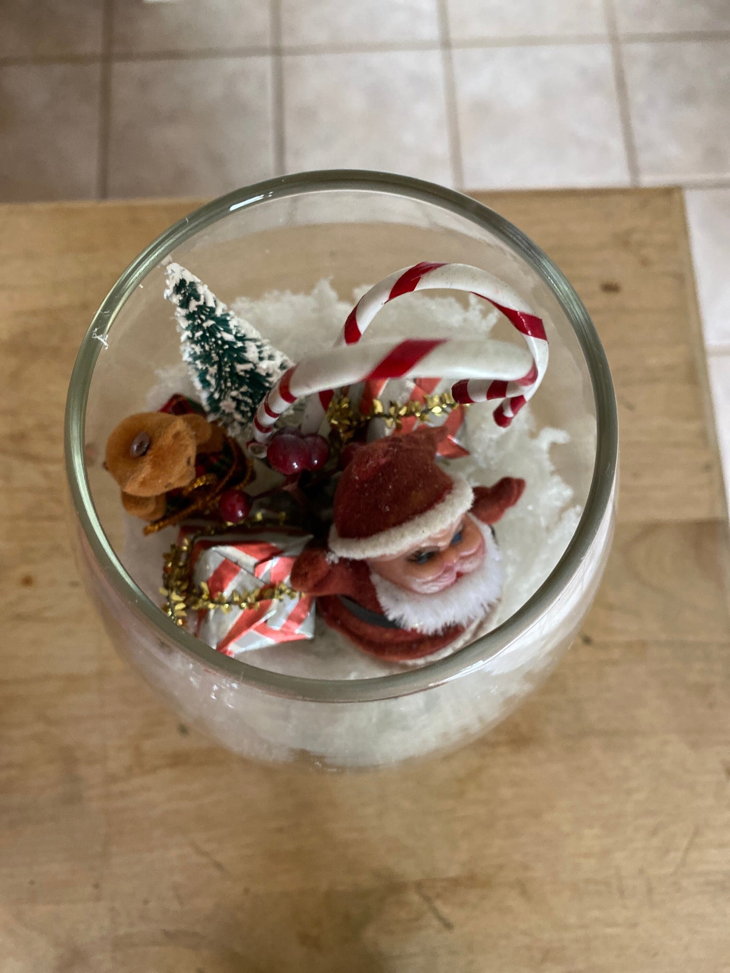 Miniature Christmas Diorama | Flocked Santa in Brandy Snifter Diorama | MCM Xmas Decir | Brish Tree Reindeer