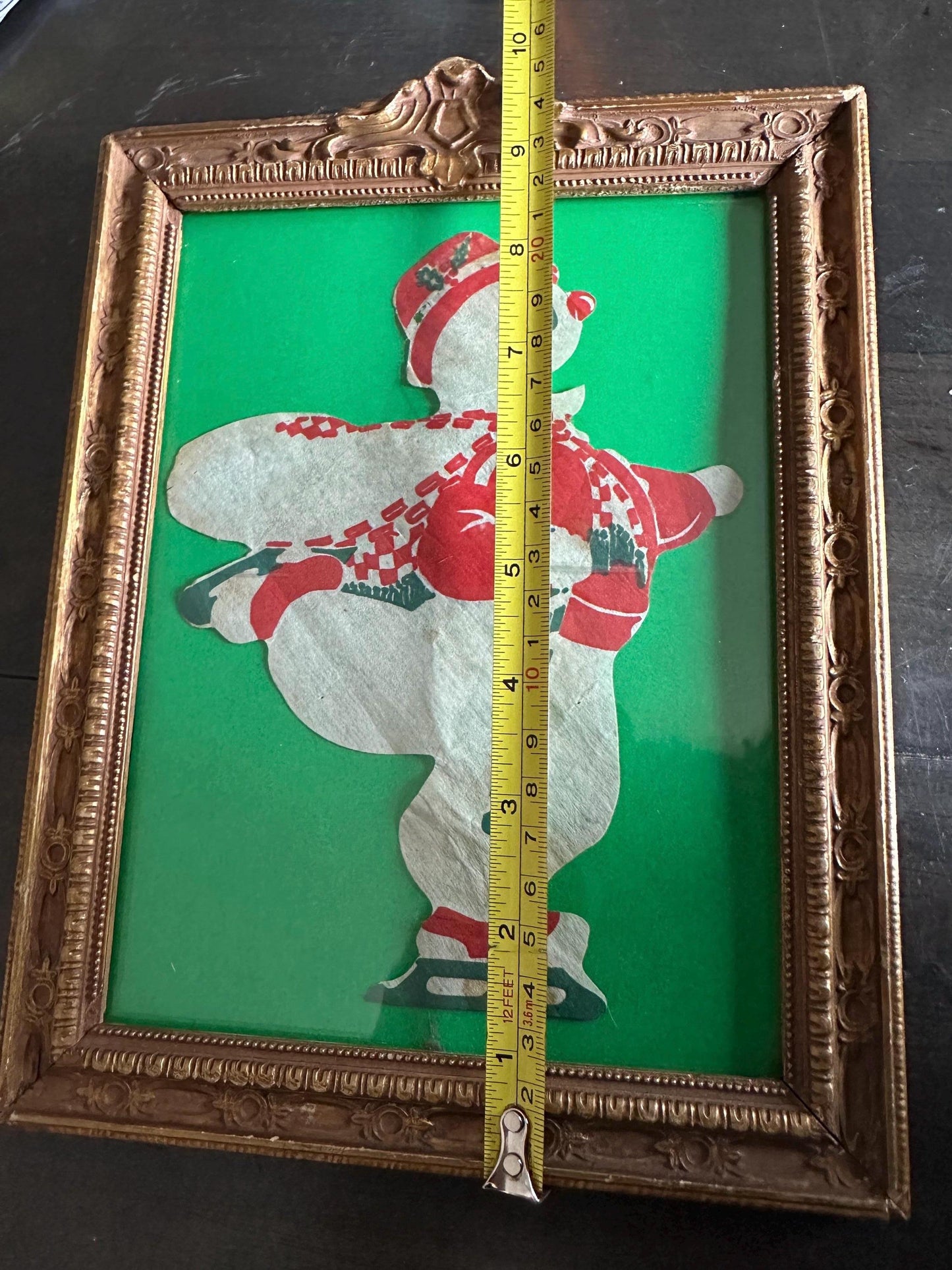 Vintage Die Cut Ice Skating Snowman in Ornate Antique Gold Gilt Frame