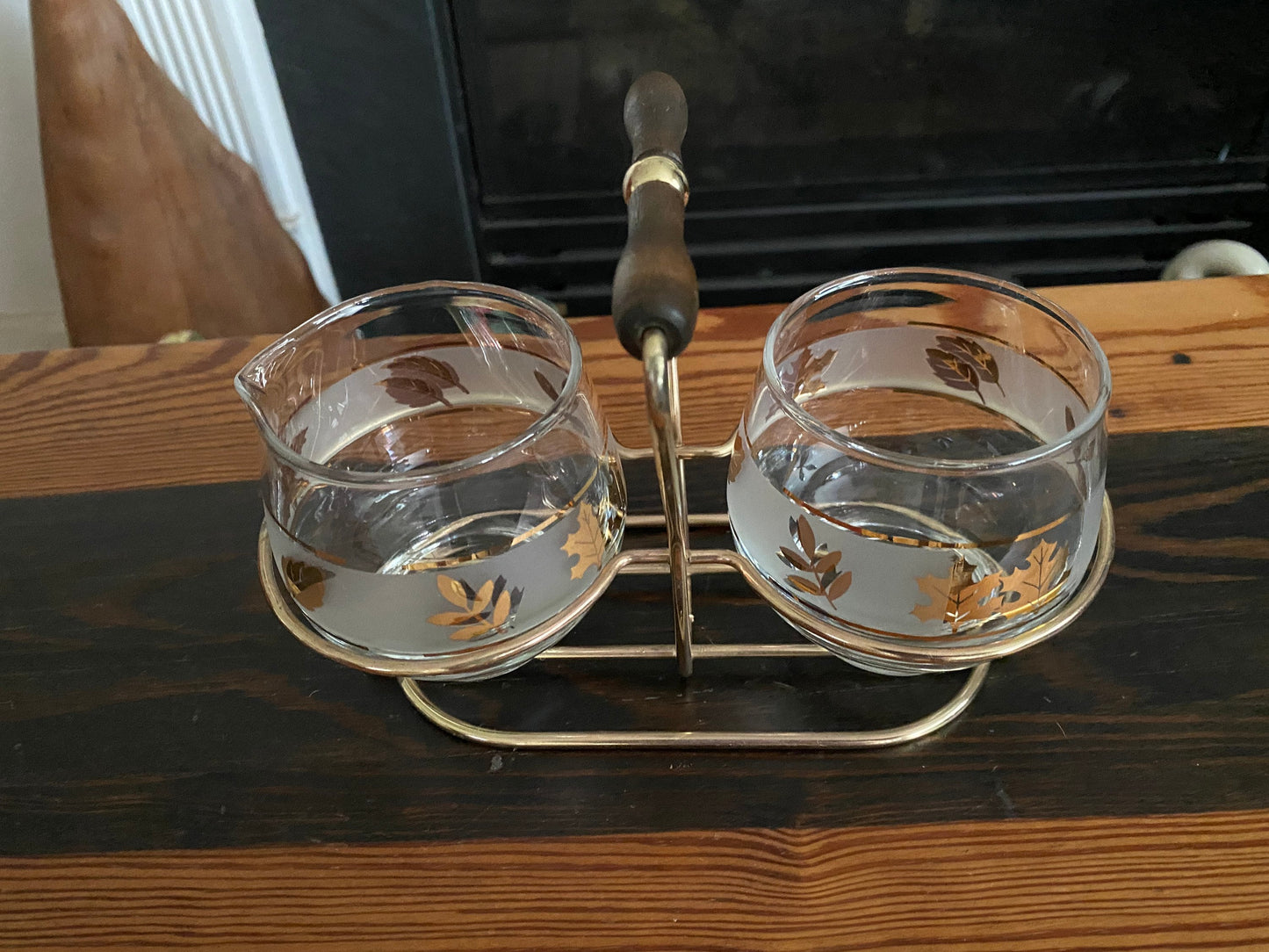60’s Fall/Winter Libbey Creamer And Sugar Bowl. In Caddy. Mid Century Modern Libby Frosted Glassware