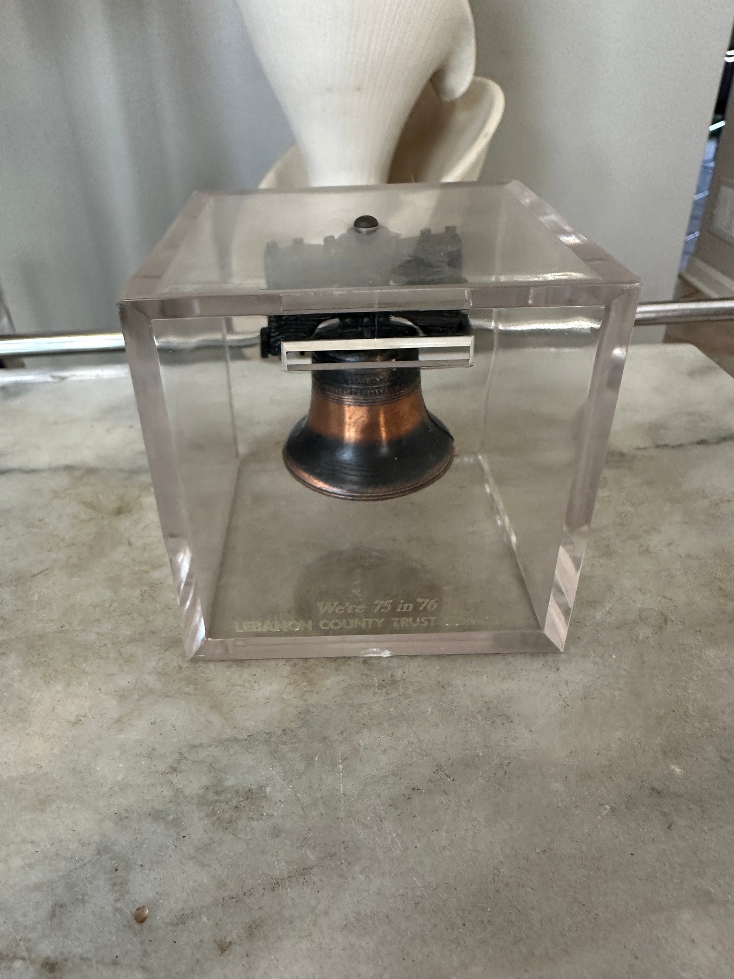 Vintage c. 1976 Bicentennial Metal Copper Wash Liberty Bell Inside Acrylic Cube Piggy Bank Souvenir from the Lebanon Trust Company
