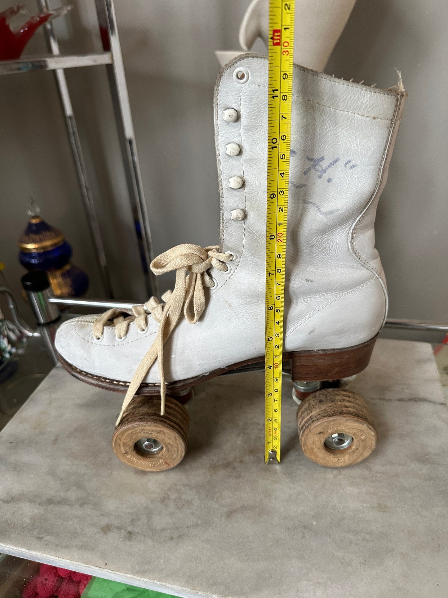 Vintage White Leather Roller Skates with Wooden Wheels Vintage Red, White & Blue Metal Skate Case with Skates Metal Suitcase | Size 7 Women