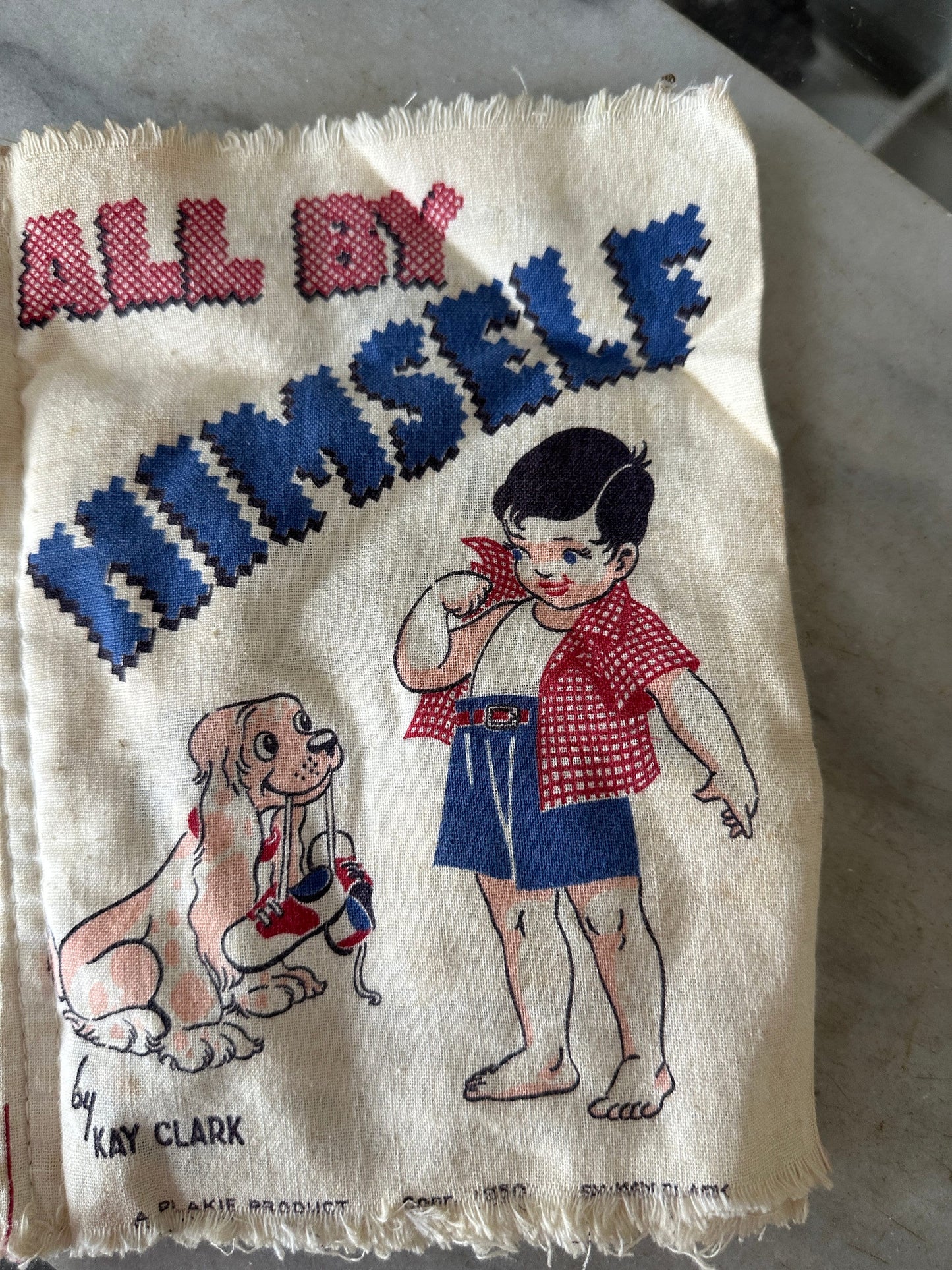 Vintage 1950's Cloth Children’s Book, All By Himself, Printed 1950s, Illustrations by Alan Shaw, Published by Plakie Toys, Youngstown Ohio