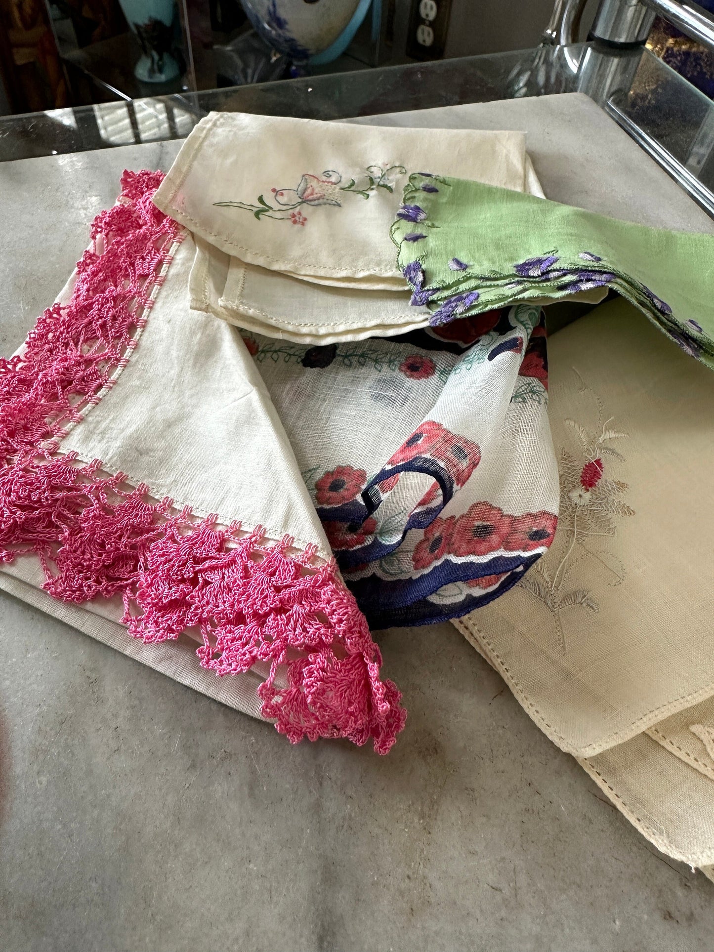 5 Vintage Shabby Chic Floral Embroidered and Crocheted Hankies - Greens, White, Ivory, Flower Hankies | Granny Chic Hankies Lot